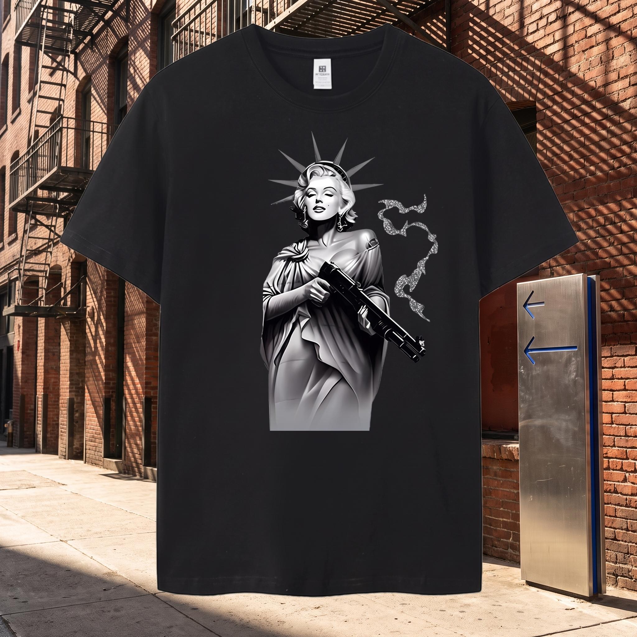Marilyn Monroe Liberty Statue Hybrid Graphic T-Shirt Short Sleeve, Trendy Streetwear Shirt, Art Portrait Print Oversized Cotton Graphic Tees Hip Hop Trendy Streetwear Shirt Retro Gangster Unisex Tee