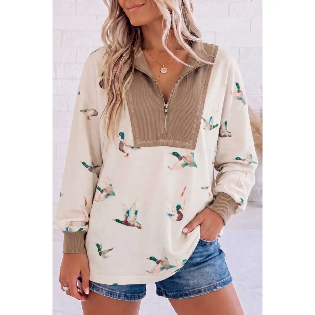 BF Women's Casual Collared Fleece Tunic Sweatshirt - Wild Mallard Duck Print Patchwork Half-Zip Mock Neck Top, Ribbed Soft Relaxed Fit Fabric Cozy Fall Layering Pullover