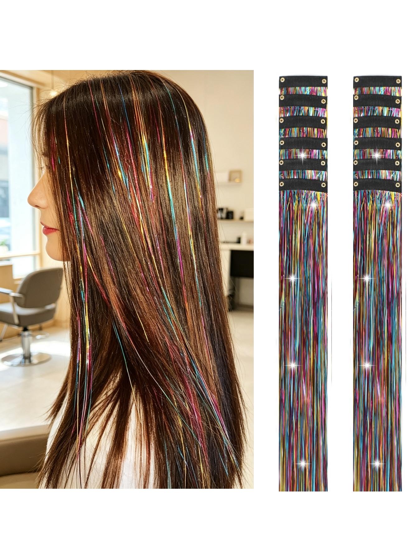Rainbow Hair Tinsel Pack of 12 Pcs Clip in Hair Tinsel 20 Inch Glitter Tinsel Hair Extensions, Festival Tinsel Fairy Hair Extension Party Dazzle Hair Accessories Strands Kit Clip on Hairpieces