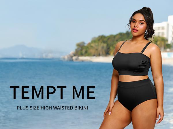Tempt Me Women Plus Size Swimsuit Plus Size High Waisted Bikini Bandeau Two Piece Swimsuit with Adjustable Straps Strapless Swimsuit Full Coverage Bikini Sets for Women High Wasted Bath Suits Tummy Control  SwimWeek  summervibes