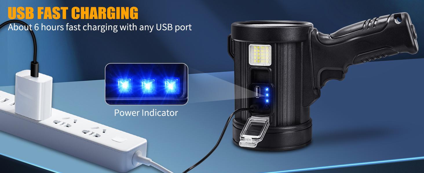 Rechargeable Searchlight Bright LED Spotlight Flashlight with 6 Modes Solar Panel Waterproof for Hunting Camping Boat 3000mAh Battery IPX5 Waterproof