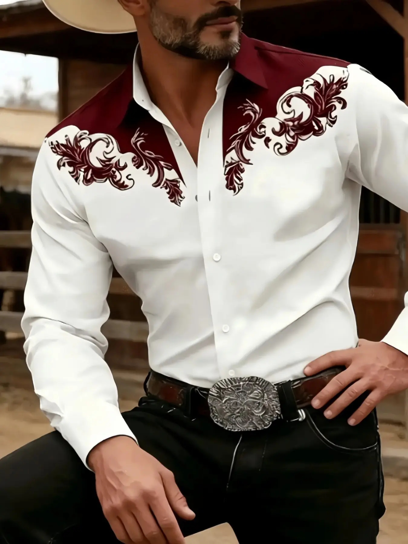 Men's Western Style Shirt, Long Sleeve Fitted Top, Jeans Performance Wear, Casual Fashion Outerwear, Spring & Fall