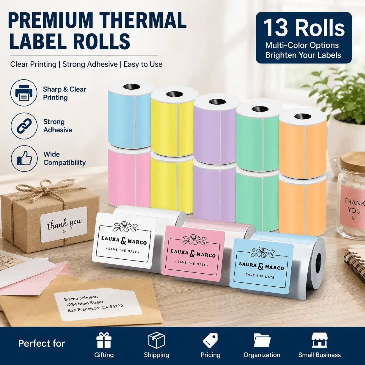 13 rolls / 27 rolls of multicolor thermal transfer labels, 1.57“ x 1.18” (40 x 30 mm) thermal labels, compatible with M110/M100/M220/M250/M108 models, suitable for printing barcodes, addresses, postage, logos, and business and household labels, with black