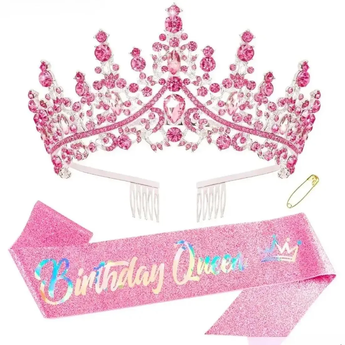 2026 Baroque Rhinestone Birthday Queen Tiara & Sash Set – Adjustable Sparkly Headband with Pin, Elegant Shiny Celebration Accessories for Birthday Parties & Special Occasions, Sparkle, Party, One Size