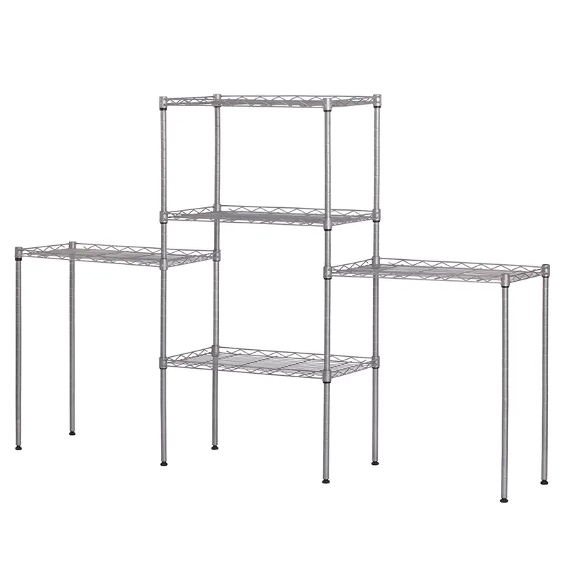 Silver Metal Floor Standing Storage Rack, Versatile Kitchen Organization Shelf, Microwave Stand and Combination Shelving Organizer for Home