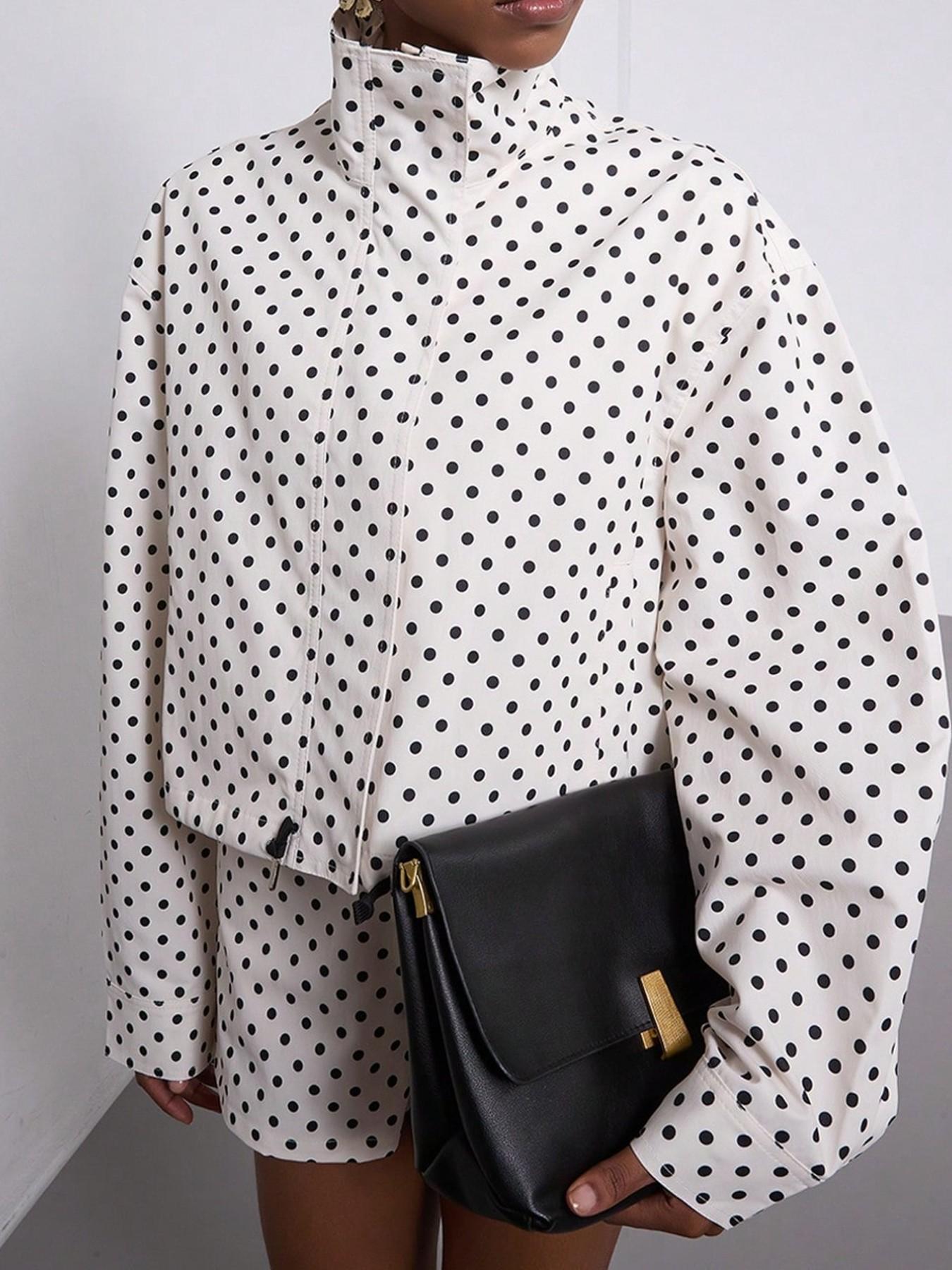 Women's Spring Fall Fashion European Style Stand Collar Vintage Polka Dot Long Sleeve Jacket Pilot Look Outerwear with Polka Dot Shorts Two-Piece Set Blazer Shorts Set
