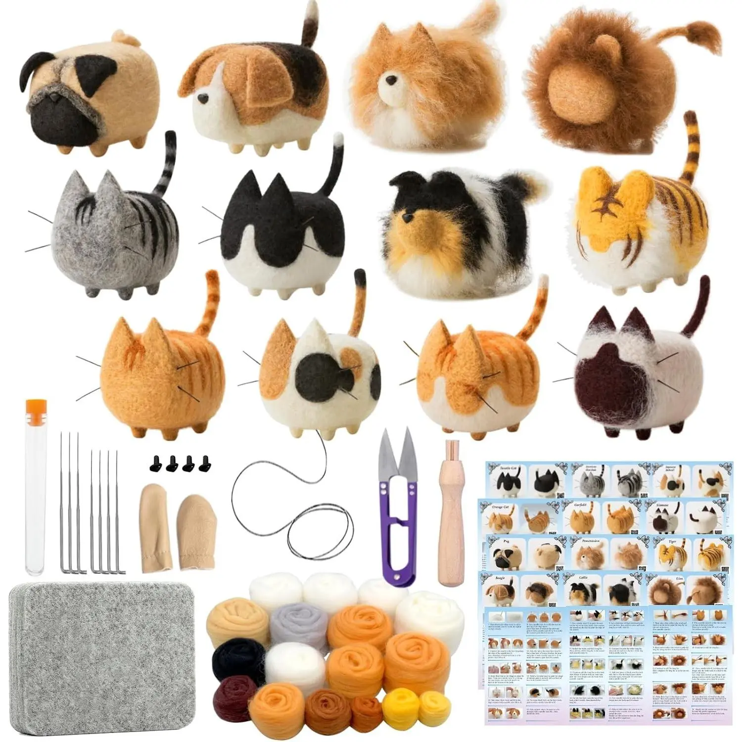 Needle Felting Kit, DIY Crafts for Adults Women, Beginner Hobby Kit with Felting Supplies Including Felting Needles, Felting Wool and Tools, 12pcs Faceless Animals Adult Craft Kits for Beginners