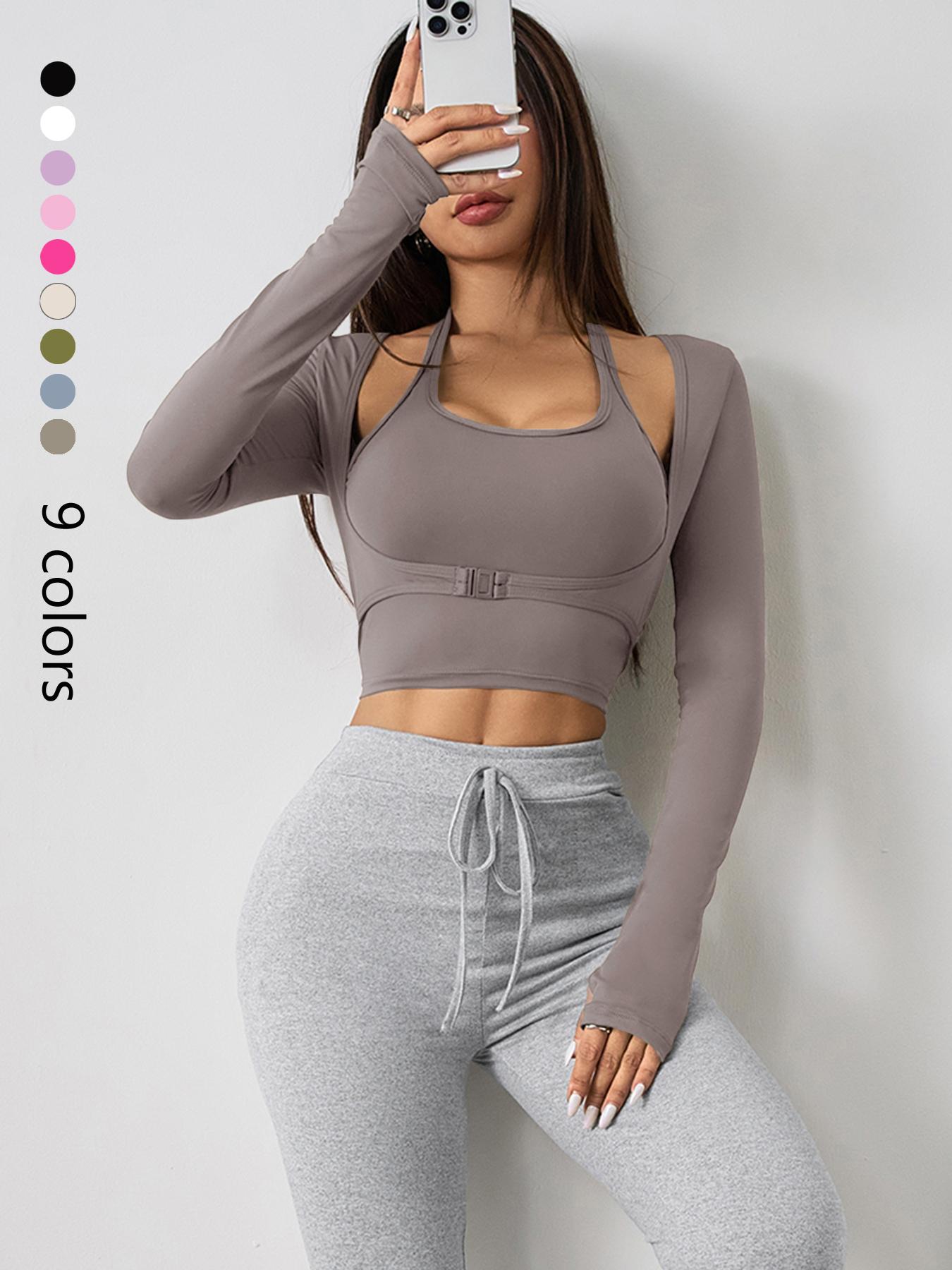 Women's Solid Color Long Sleeve Thumb Hole Design Halter Neck 2 in 1 Sports Tee Gym Yoga Tops for Yoga Gym Workout, Ladies Sportswear for All Seasons