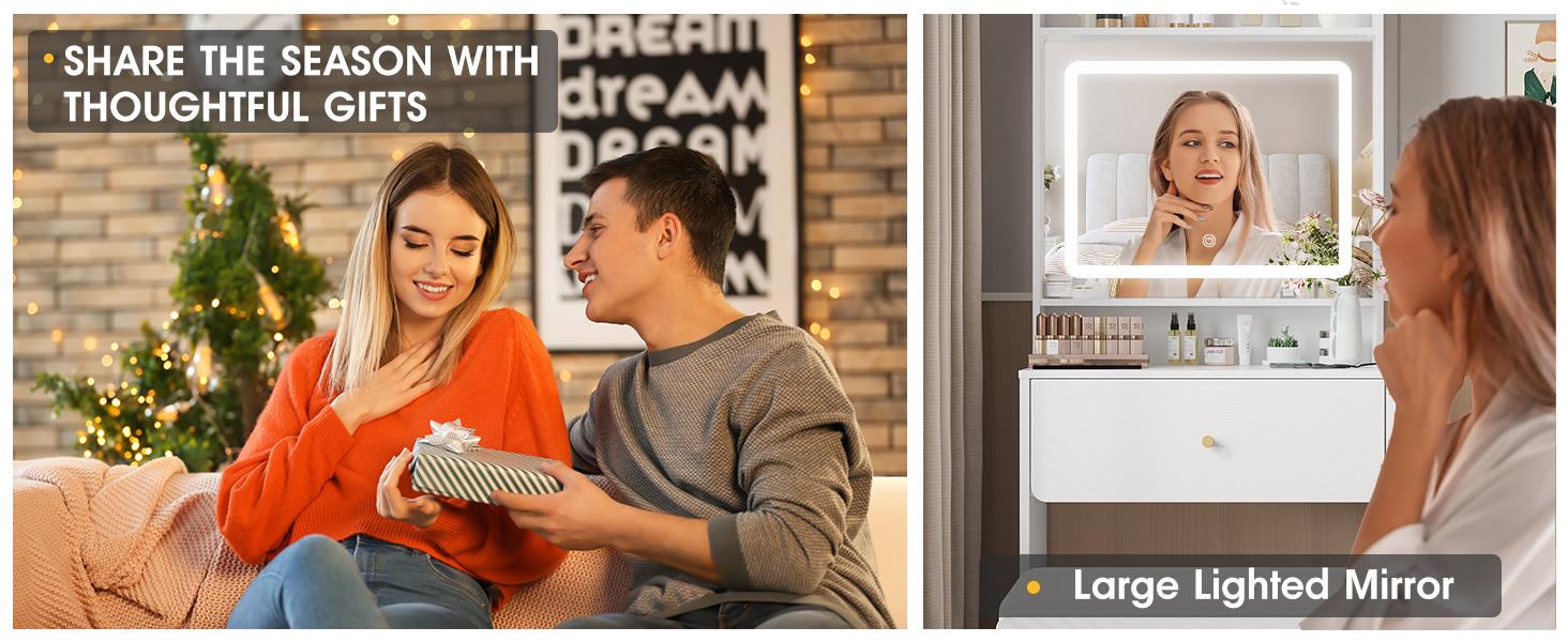 Vabches Make Up Vanity Desk with Mirror and Lights, White/Pink Vanity Table Set with Charger Station,Girls Small Vanity Vabches Make Up Vanity Desk with Mirror and Lights, White/Pink Vanity Table Set with Charger Station,Girls Small Vanity