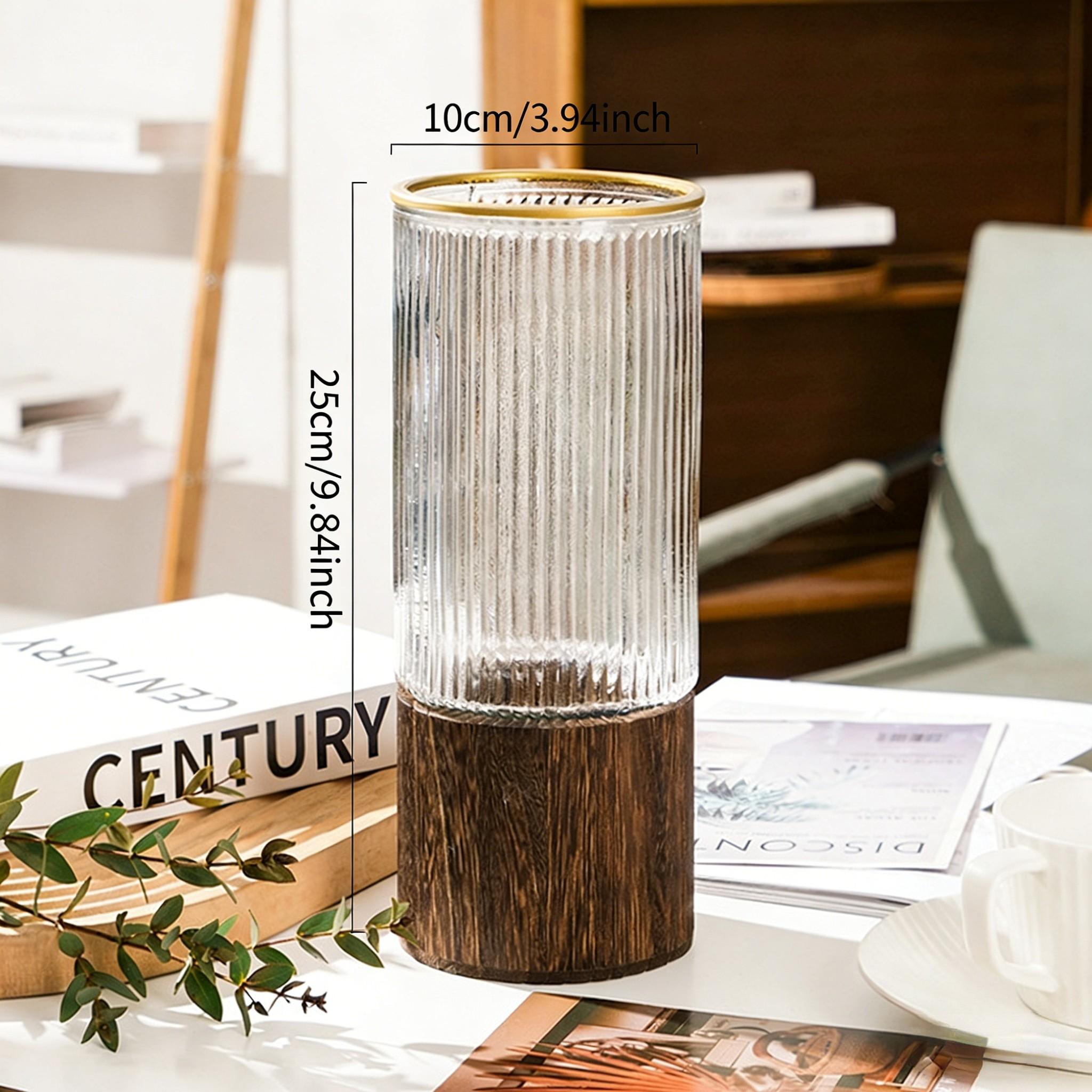 Modern Detachable Glass Flower Vase with Wooden Base, Gold Rim Ribbed/Ice Texture Vase for Home Decor, Perfect for Roses, Lucky Bamboo, Table Centerpieces