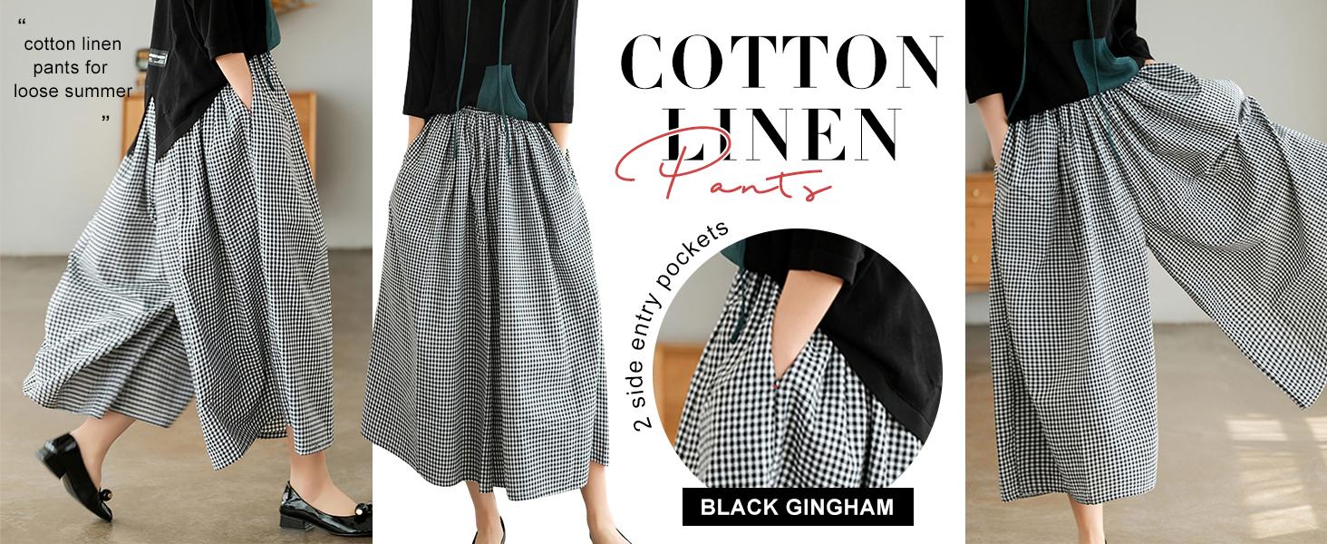Chouyatou Women's Cotton Linen Pants Elastic Waist Plaid Gingham Wide Leg Capri Palazzo Pants SpringStatements