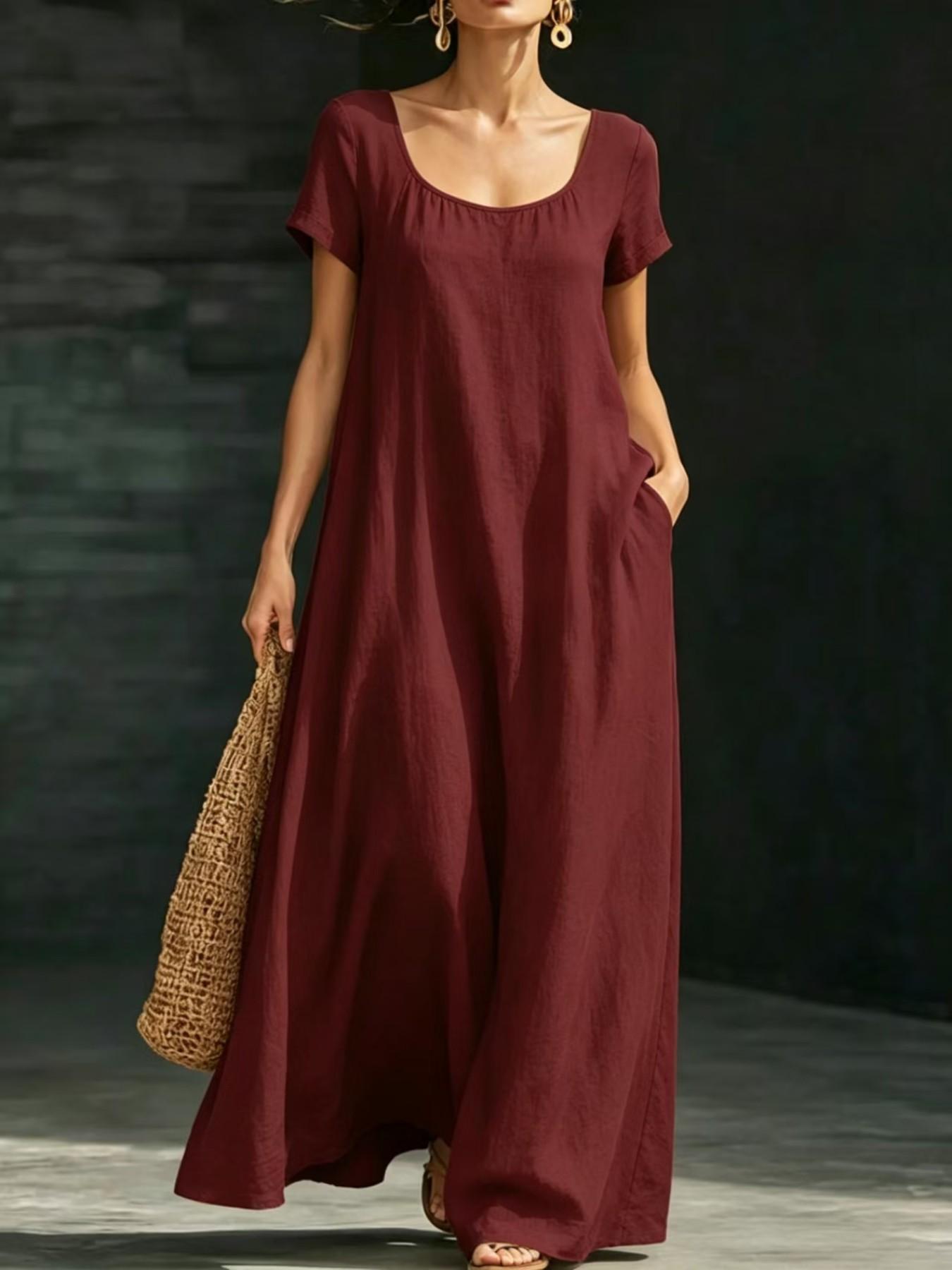 Summer Casual Solid Color Dress, Loose Fit A-Line Long Dress, Commute Vacation Beach Two-In-One, Beach Vacation Leisure Long Dress, Womenswear, Lady