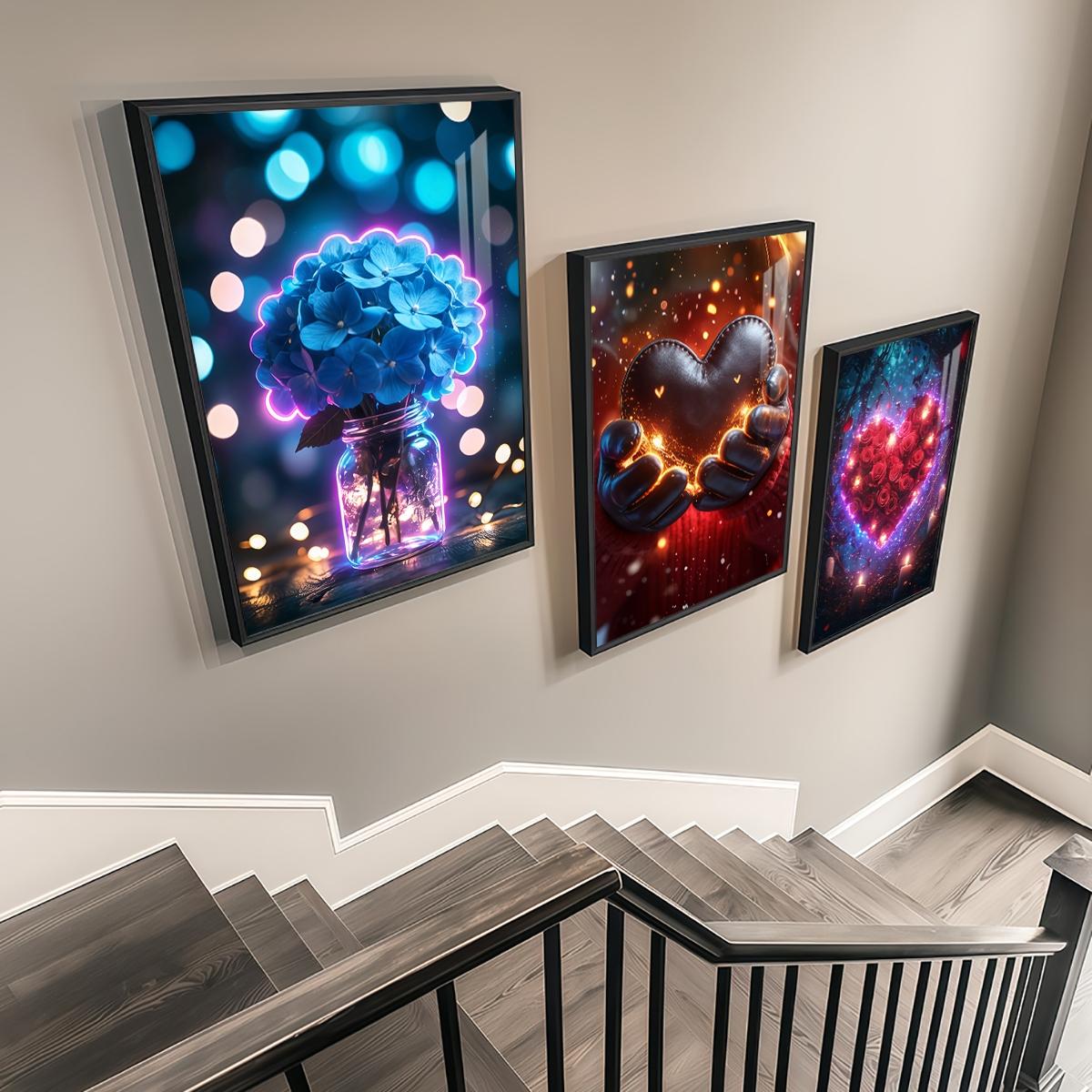 3 Counts Aluminum Alloy Framed Painting, Romantic Roses Hearts And Flowers Pictures, Home Decoration For Living Room, Bedroom, Office, Restaurant, Hallway Wall Decor, Odorless Print Artwork, Luxury Perfect Gift For Friends And Family