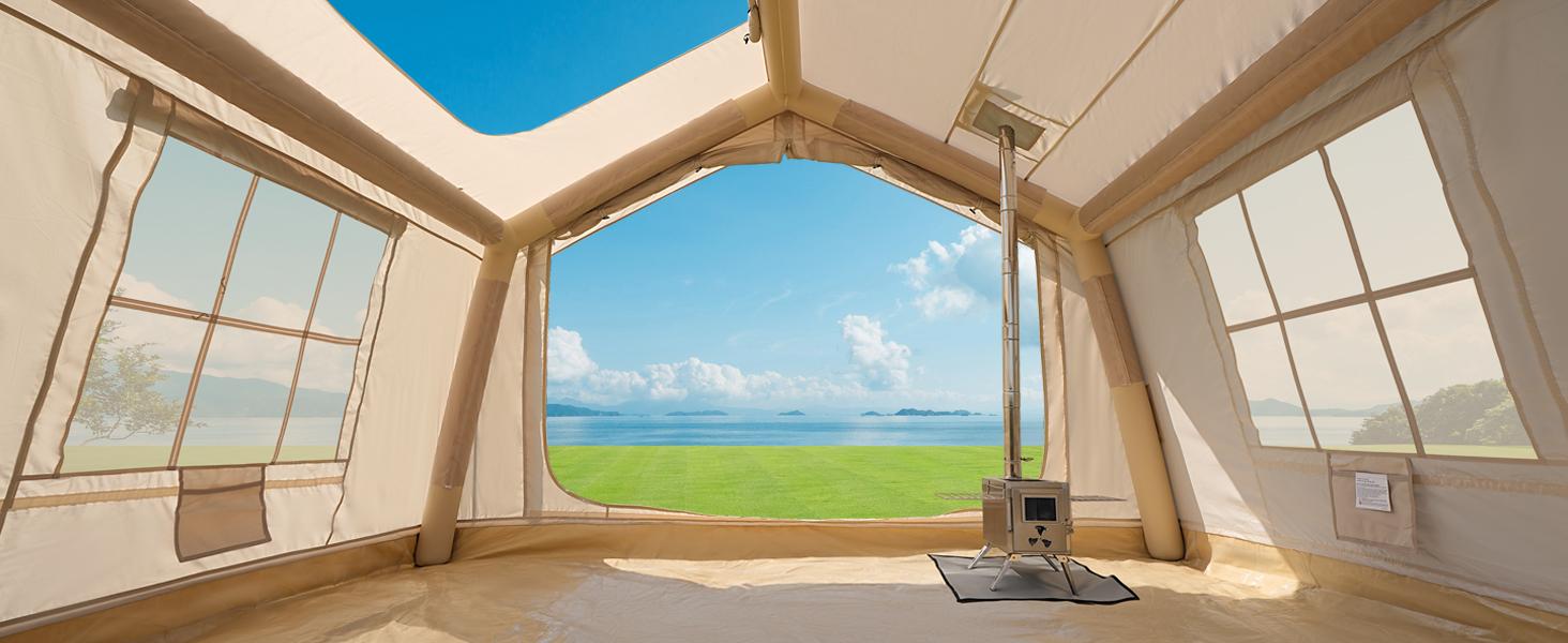 Lilypelle 2/6/8 Person Inflatable Camping Tent, Easy Setup Blow Up Air Tent with Hand Pump, Waterproof 4-Season Glamping Tent with Large Mesh Windows for Couples, Group & Family