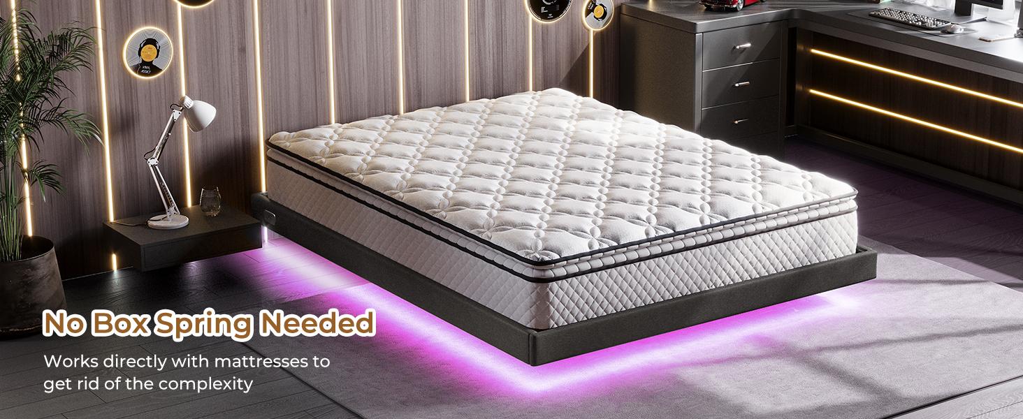 Floating Bed Frame Twin/Full/Queen Size with RGB LED Lights and Type-C&USB Ports, Linen Upholstered Platform Bed with Wood Slats Support, No Box Spring Needed,Noise-Free,Easy Assembly,Dark Gray