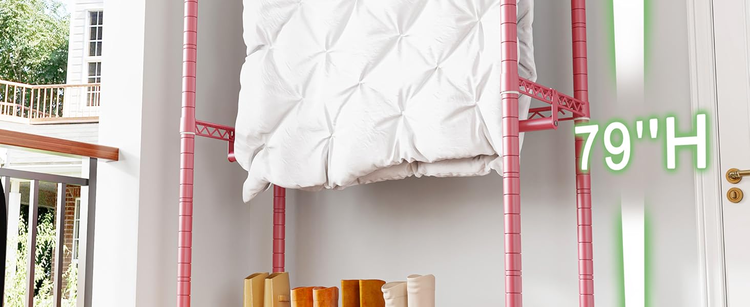 Raybee Clothes Rack 79''H Heavy Duty Clothing Rack with Wheels Adjustable Clothing Racks for Hanging Clothes Portable Rolling Clothes Rack Metal Garment Rack 79" H X35.5 W X15.7 D