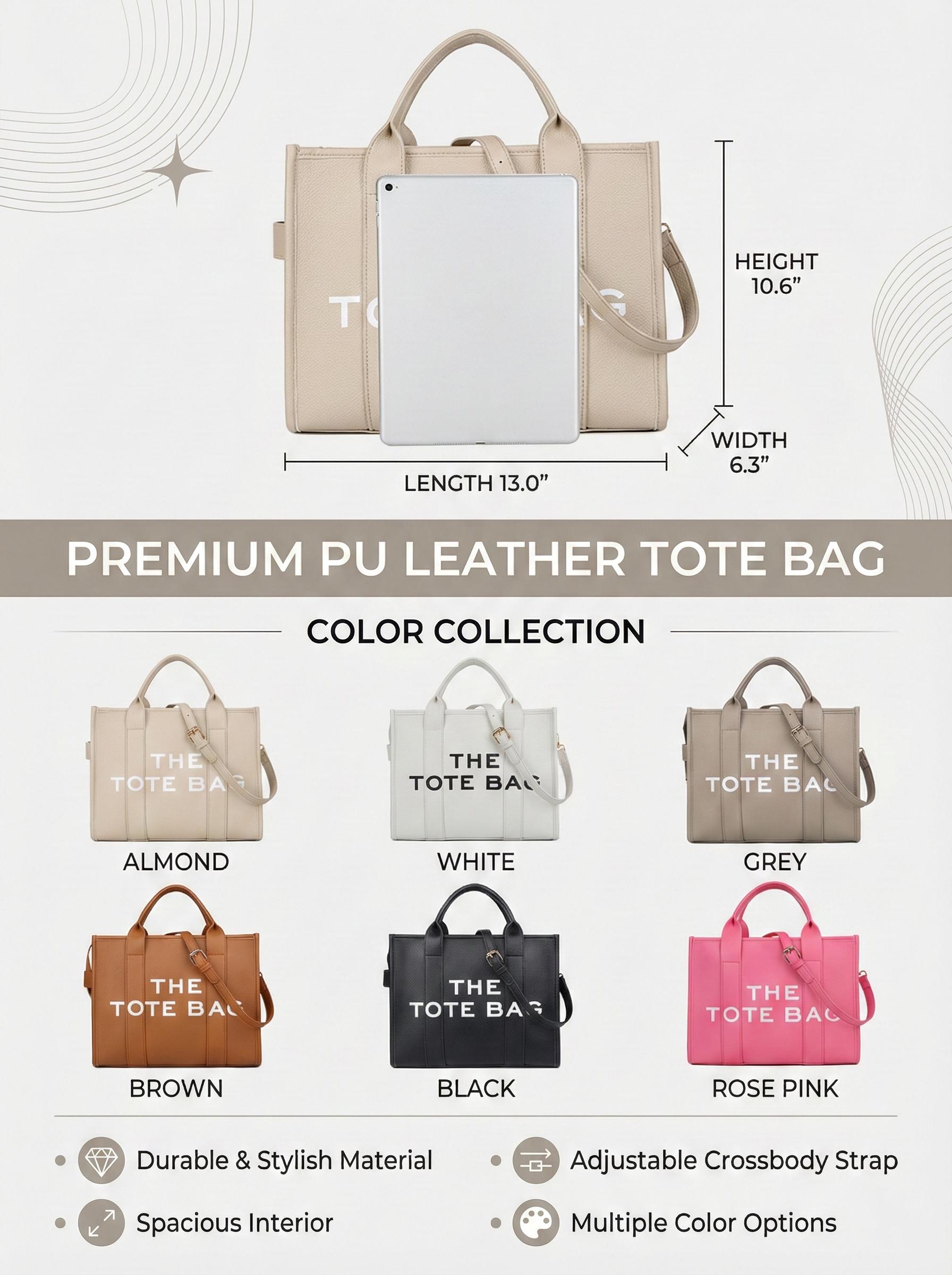 Tote Bag for Women, Black PU Leather Tote with THE TOTE BAG Print, Durable Structured Handbag with Adjustable Crossbody Strap, Spacious for Work/School, Stylish Birthday Gift for Women