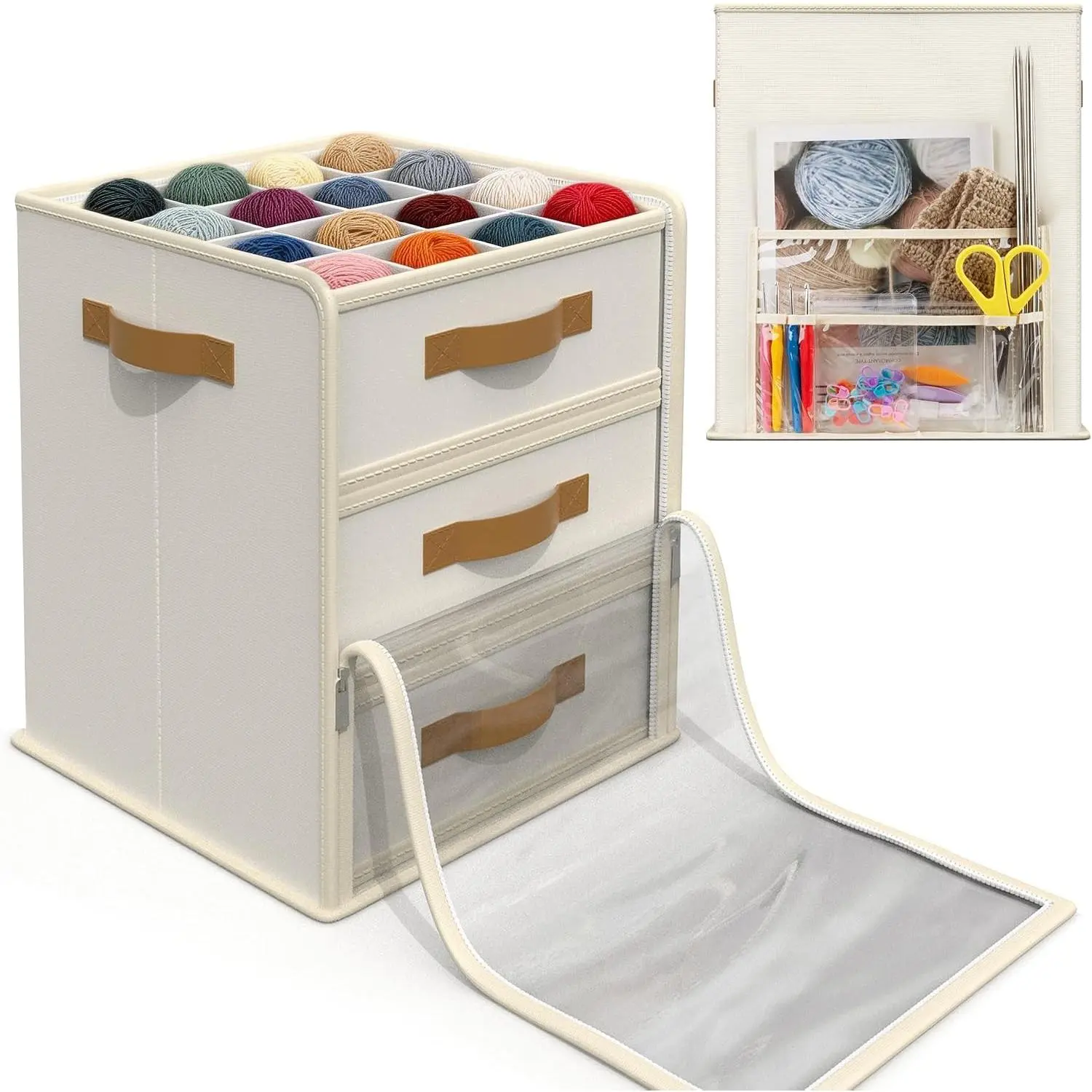 Yarn Storage Organizer with 3 Stackable Trays, Large Yarn Storage Container with Adjustable Dividers Crochet Storage for Yarns, Crochet Hooks, Knitting Needles, Crochet Accessories