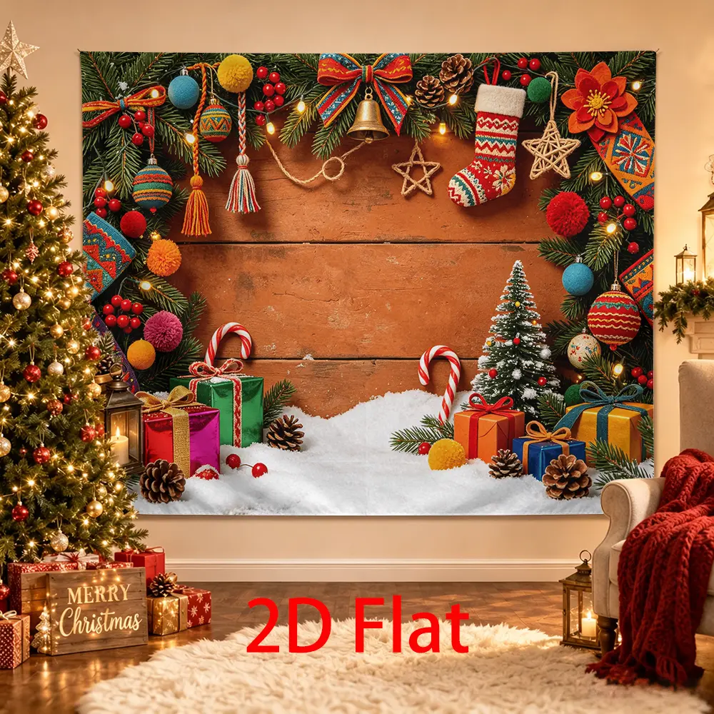 Colorful Christmas Backdrop, Boho Rustic Wood Photo Background with Knit Ornaments, Stocking, Gifts and Candy Canes