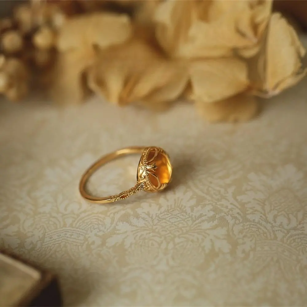 Luxury Lace Textured Oval Citrine Open Ring - ~2.3g, Adjustable Free Size Adjustment, Minimalist Auspicious Wealth Themed Ring, Resists Fade Daily Fashion Jewelry for Birthday Gifting