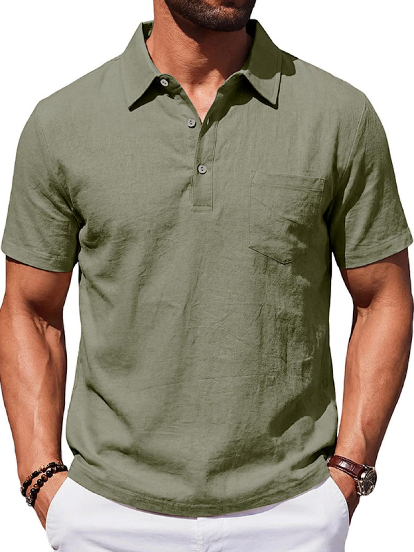 Men's Summer Linen Polo Shirt, Loose Fit Business Casual Breathable Commuter Top, Simple Design Short Sleeve Polo for Men