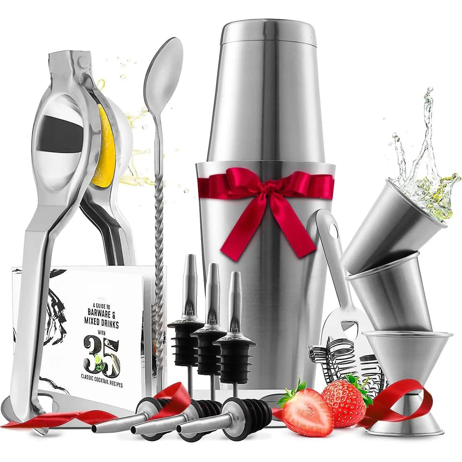 Bar Set Cocktail Shaker Set, Stainless Steel Mixology Bartender Kit, 16 Piece Cocktail Kit, Silver Cocktail Set, Bar Tools: 30oz Martini Shaker, Muddler, Bar Kit Cocktail Book, Jigger and Pourers