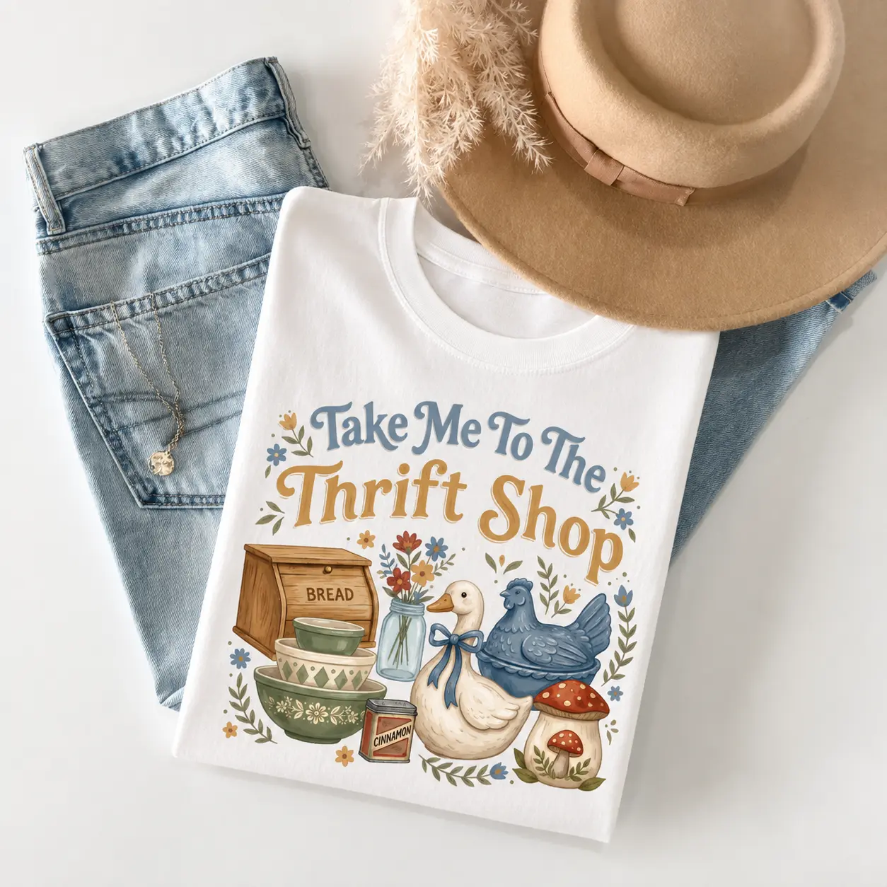 Take Me To The Thrift Shop T-Shirt Cute Goose Vintage Kitchenware Floral Graphic Tee Thrifting Lover Cottagecore Casual Top vintage t shirt women graphic t oversized tshirt women