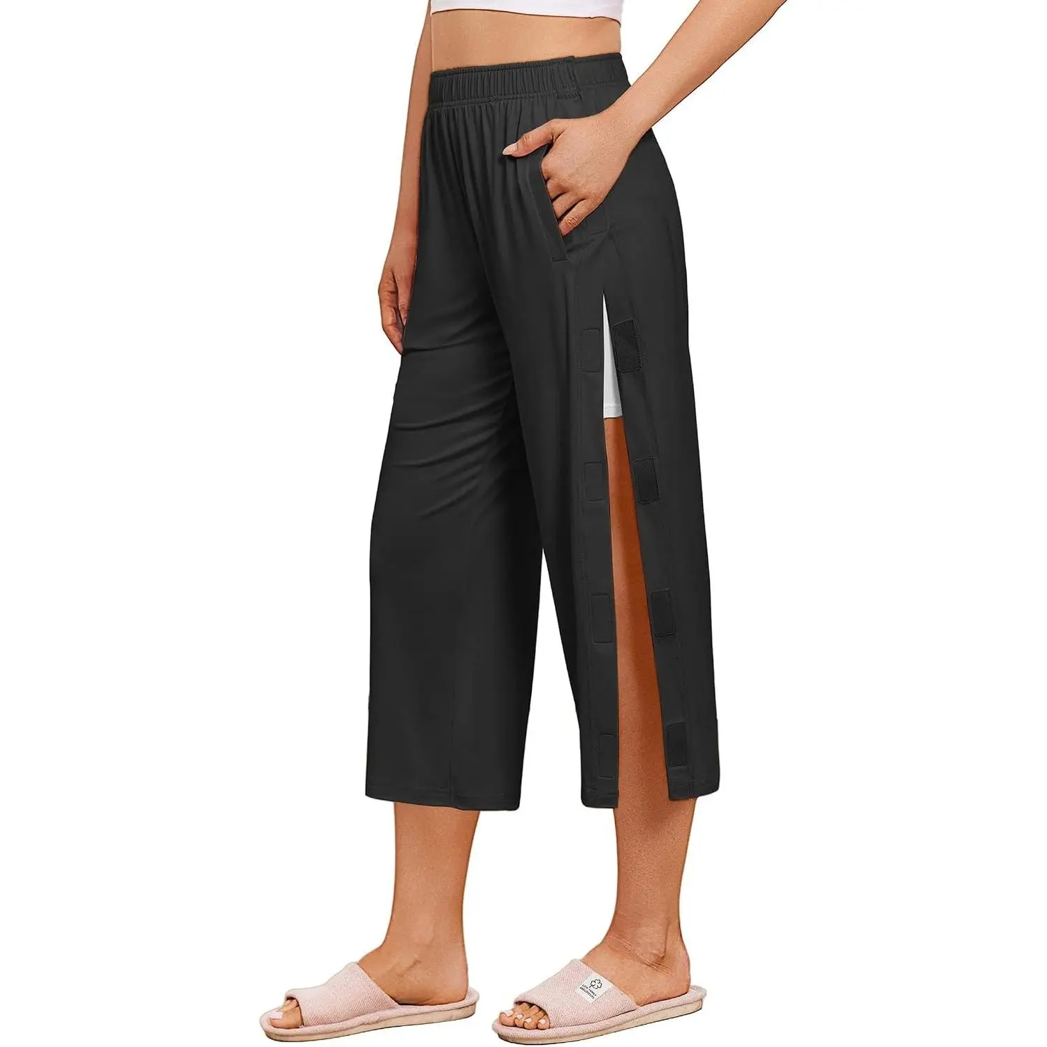 Women's Adaptive Tear-Away Breakaway Capri Pants - Elastic Casual Bottoms for Post-Surgery Recovery, Hip/Knee/Ankle Replacement, Magic Tape Wide Leg Clothes