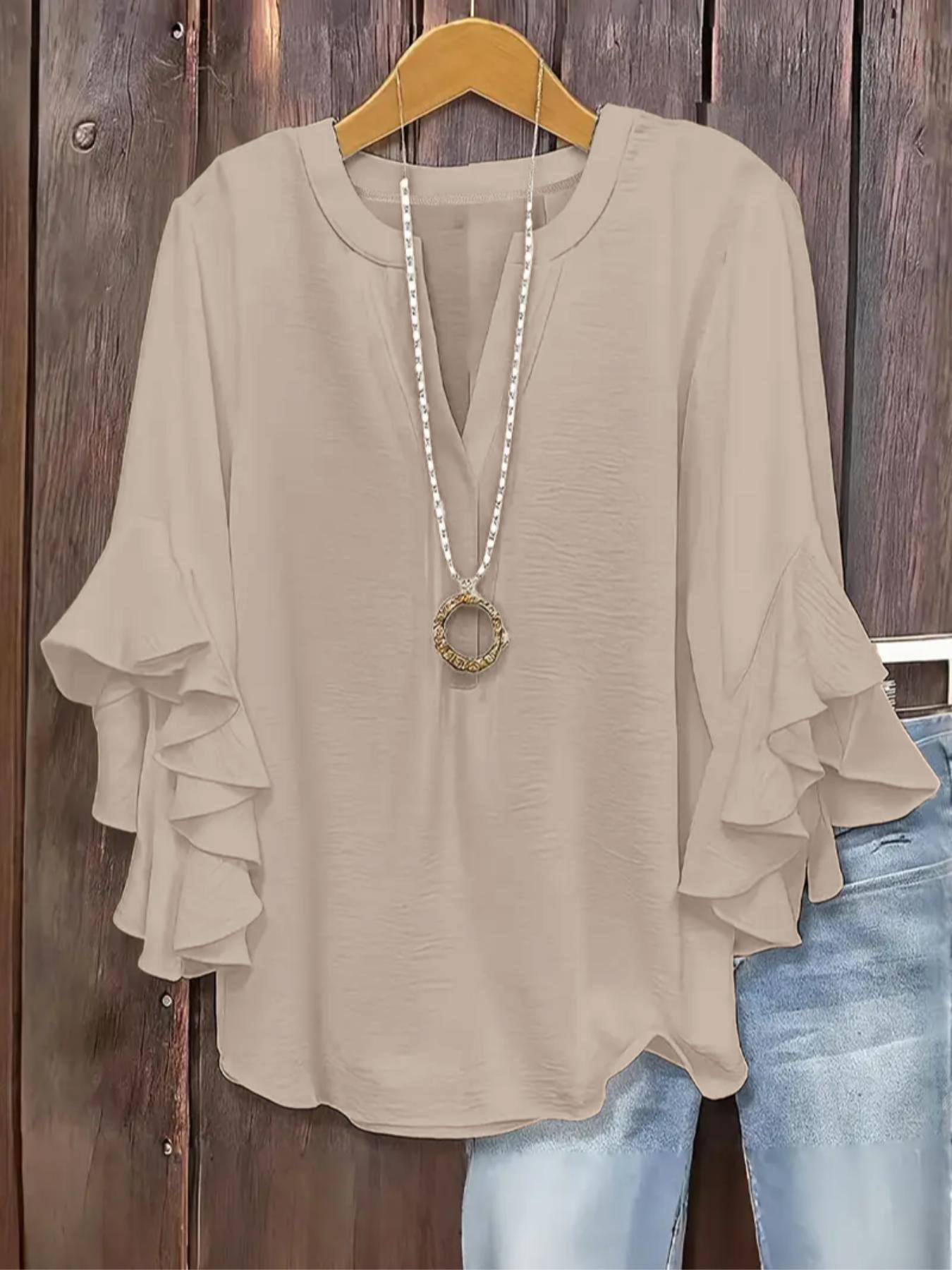 Plus Size Women's Ruffled Sleeve V-Neck Shirt Blouse, Elegant Floral Design, Comfortable and Stylish, Perfect for Casual Wear Plus Size Women's Ruffled Sleeve V-Neck Shirt Blouse, Elegant Floral Design, Comfortable and Stylish, Perfect for Casual Wear