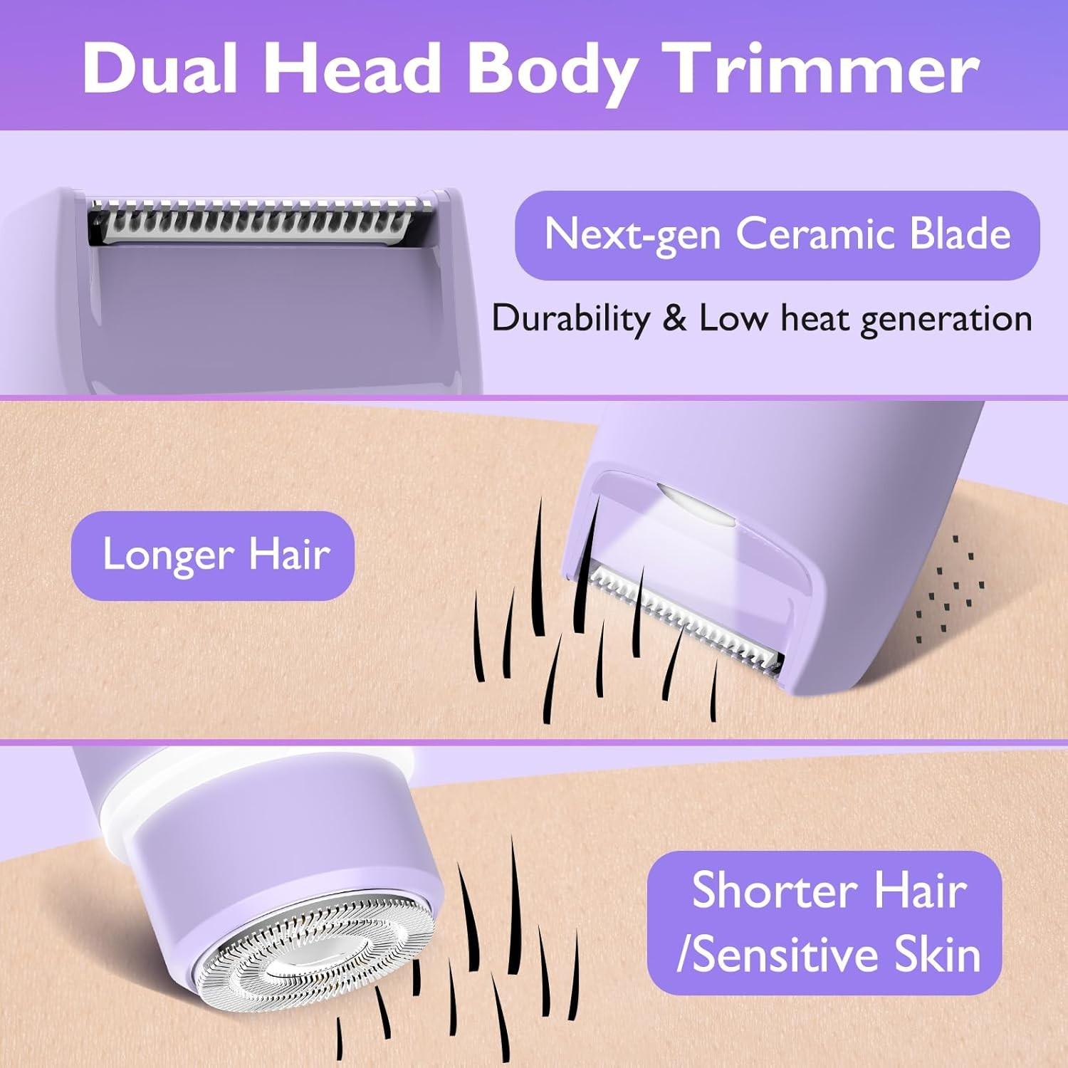 Portable Dual Blade Electric Trimmer Shaver, Ipx7 Waterproof Pain-Free Smooth Hair Removal Tool, Detachable Blades, Easy Clean Wireless Razor, for Legs, Arms, Underarms