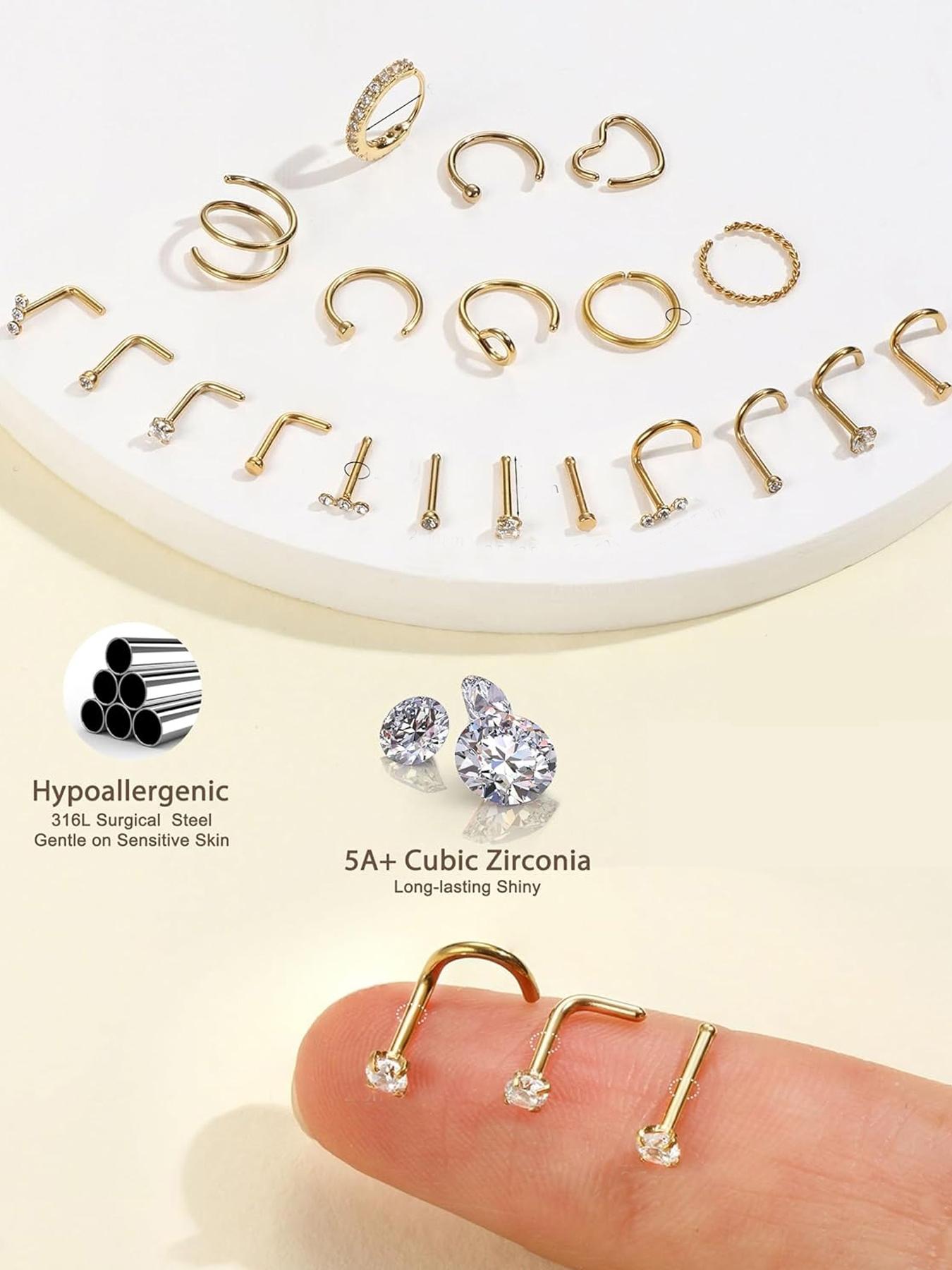 20g Nose Rings Hoops Nose Studs - Hypoallergenic Surgical Steel CZ Nose Stud L Shape Body Nostril Piercing Jewelry for Women Men 14k Gold Plated 20Pcs