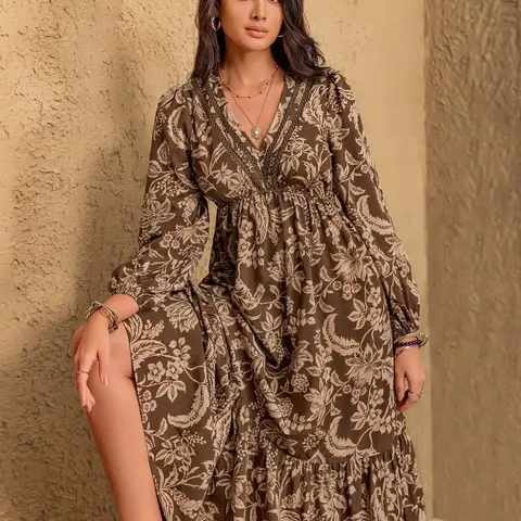 【Black Friday】Women's Floral Print Contrast Lace Long Sleeve Ruffle Hem Dress, Casual Chic Bishop Sleeve V Neck A-Line Dress for Vacations, Women's Clothes for Fall and Winter, Boho Elegant Dress