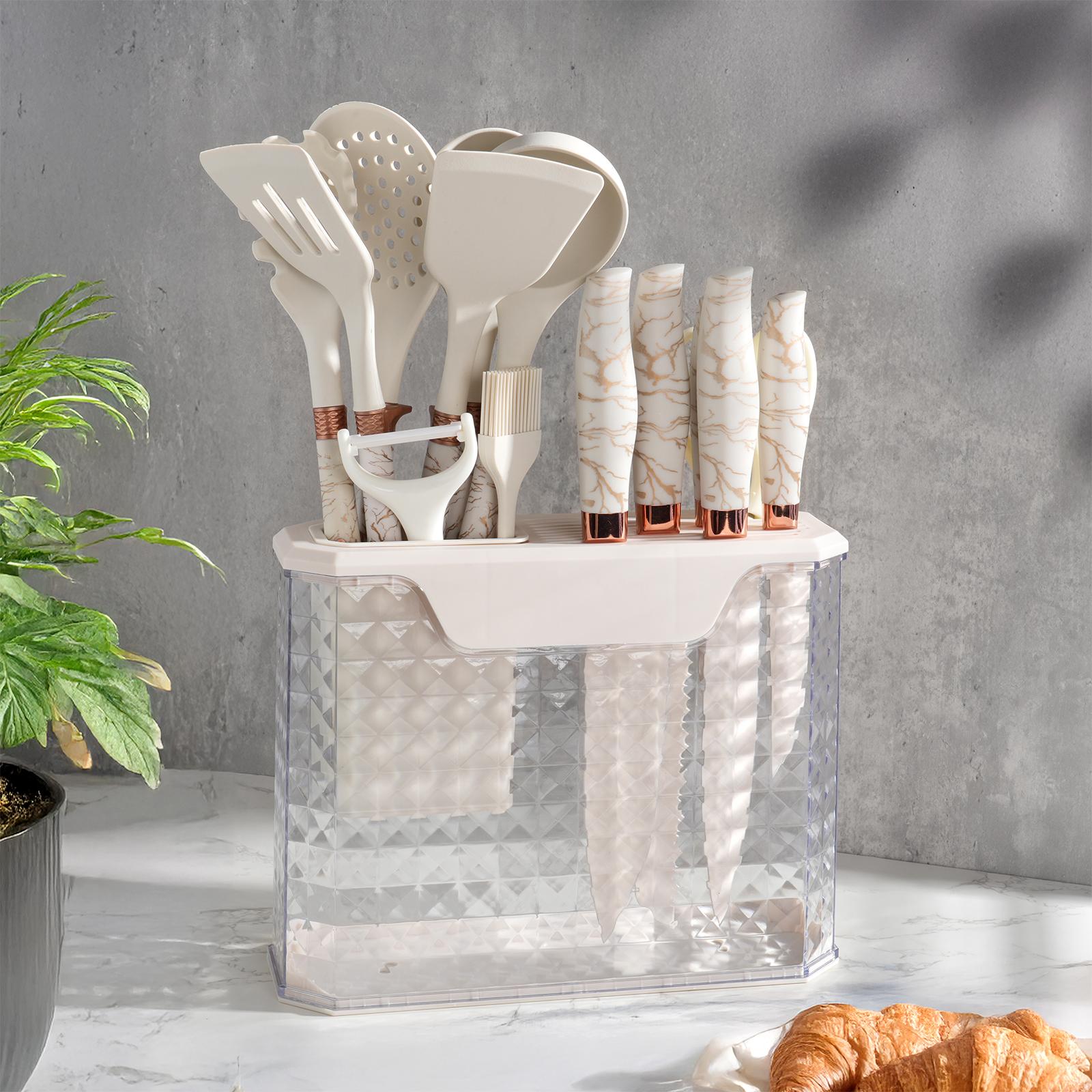 16 Piece Kitchen Knife Set, Silicone Kitchen Utensils Set, Clear Storage Rack, Can Cut Meat and Vegetables, Can Cook Noodles, Can Make Soup, Can Stir-Fry, Gift Set