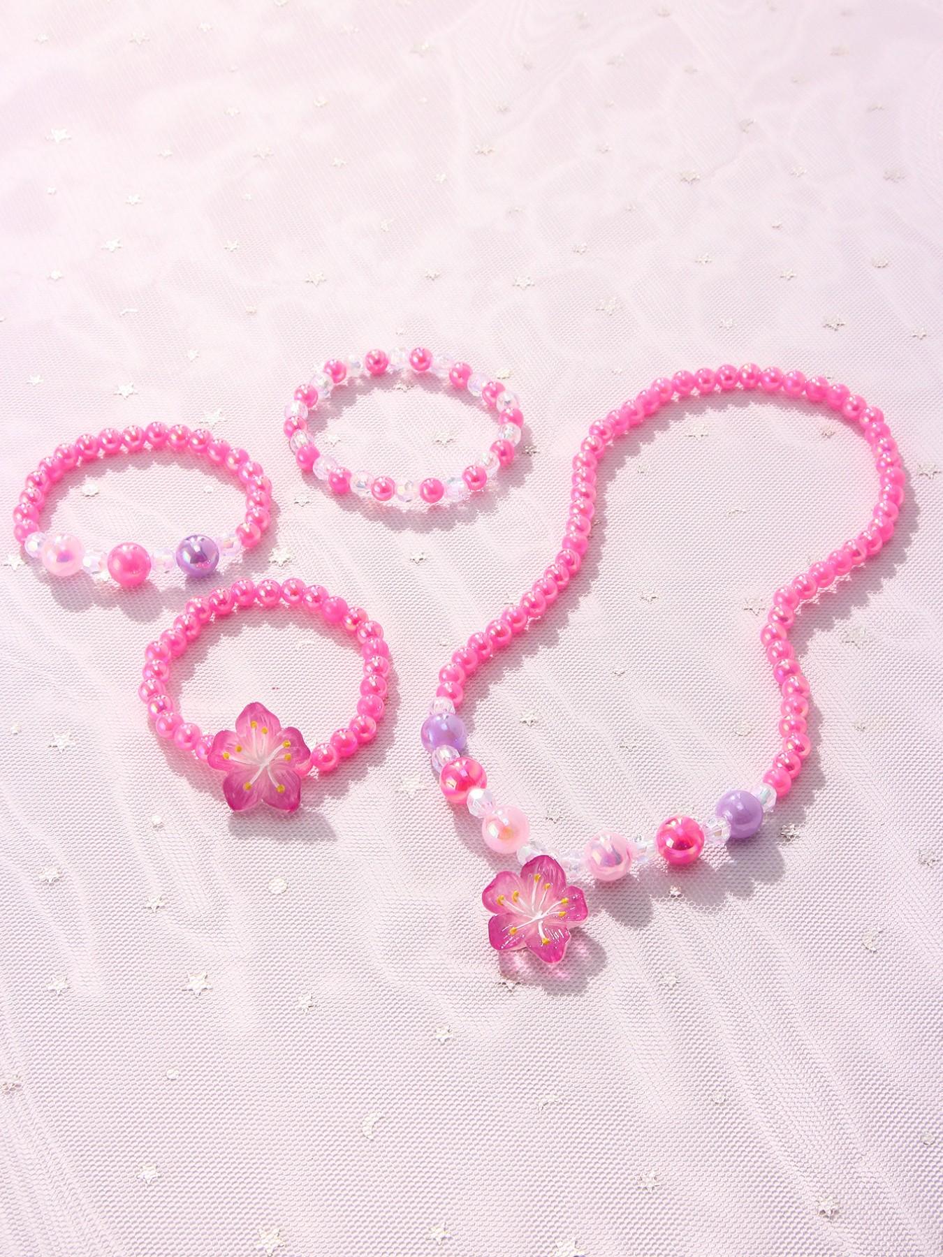 4pcs/set Acrylic Flower Pendant Necklace Bracelet Set, Cute Jewelry for Girls, Birthday Party Gift, All Seasons Wear