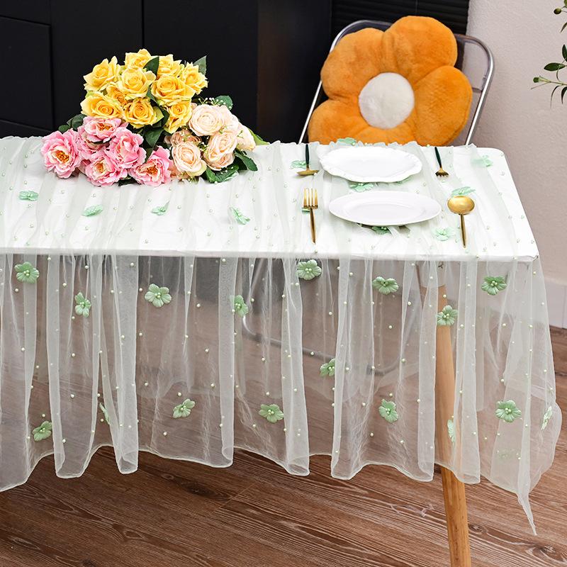 New 3D Pearl Flower Sheer Table Runner, Tulle Mesh Table Flag for Party Decor, Ideal for Seasonal Dining, Weddings, Birthdays & Bridal Showers, Perfect for Home Party Decoration