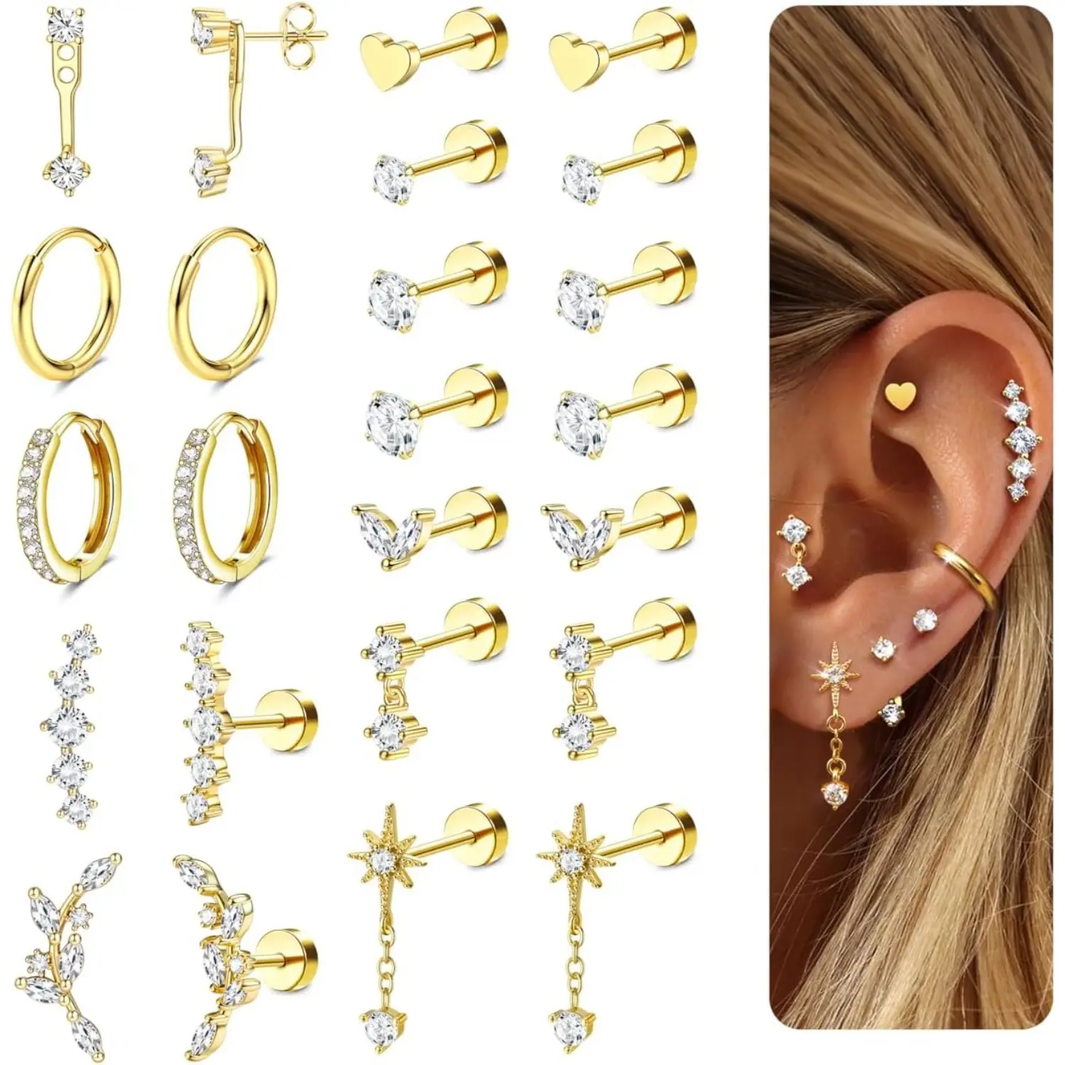 YADOCA Hypoallergenic Flat Back Earrings Cartilage Earring Stacks Surgical Steel Earrings for Sensitive Ears Small Stainless Steel Flatback Stud Hoop Earring Sets for Helix Tragus Conch Daith Multiple Piercing Jewelry Trendy