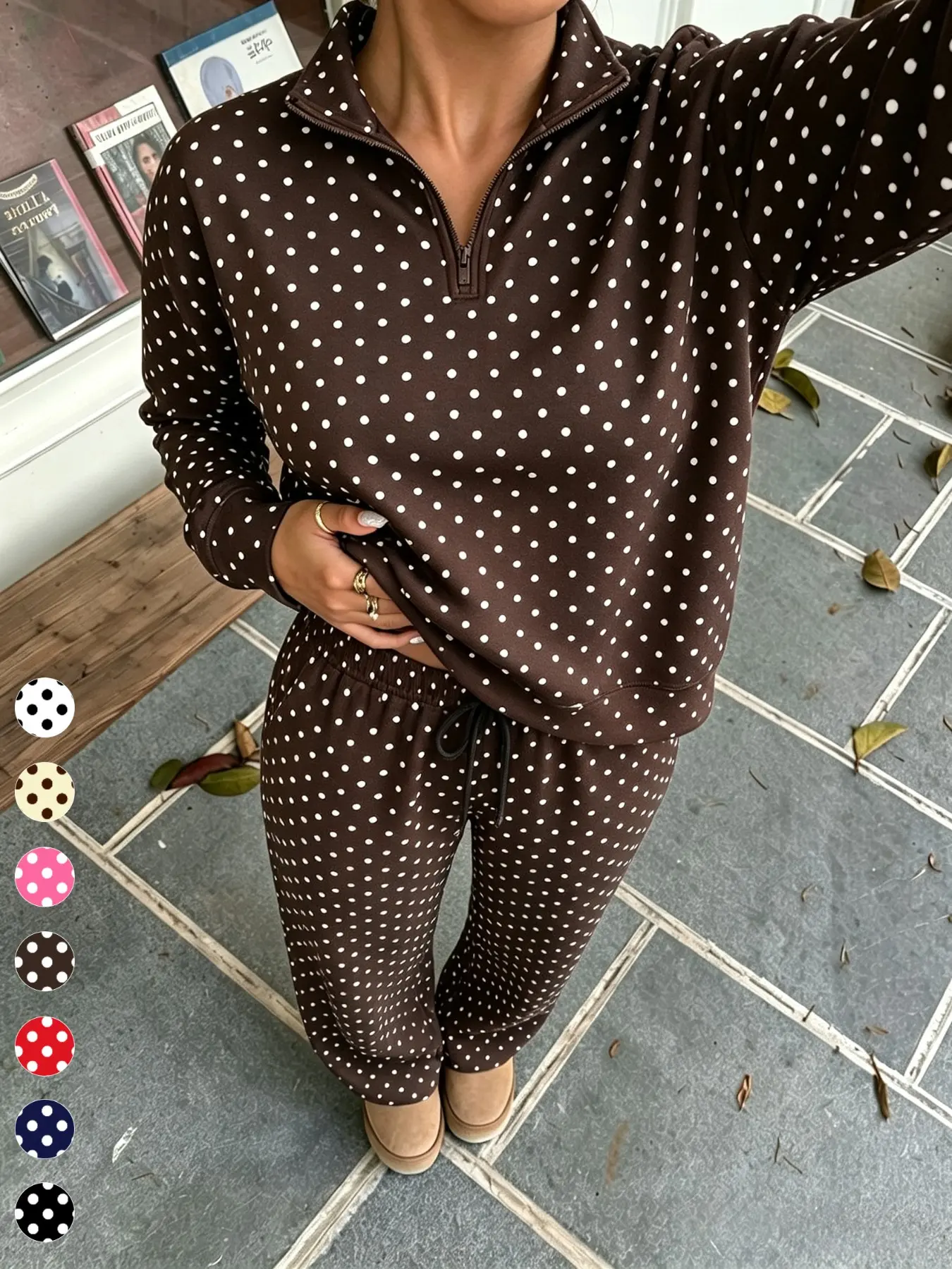 Ladies Polka Dot Two Piece Matching Sweatsuit, Warm Fleece Lined Half Zip Collared Sweatshirt, Elastic Drawstring Wide Leg Trousers, Relaxed Fit Streetwear Co-ord Set, Fashion Women's Tops Outfit for Vacation Daily Casual Wear