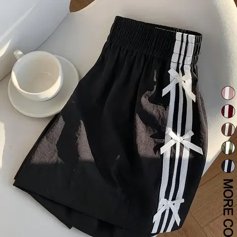 Bowknot Side Stripe Casual Beach Shorts, Coquette Summer Aesthetic Style, Elastic Waist Fitted Everyday Casual A-Line Striped Bottoms