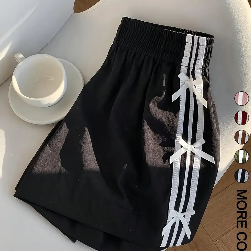 Bowknot Side Stripe Casual Beach Shorts, Coquette Summer Aesthetic Style, Elastic Waist Fitted Everyday Casual A-Line Striped Bottoms