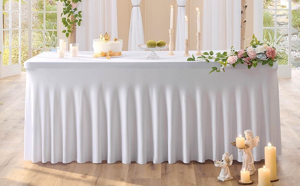 Stretchy Polyester Fitted Tablecloth - 1 Pack Washable Overlay Table Cover for 4/8FT Rectangle, Square Tables, Classic Modern Elegant Decoration, Home & Festive Party Supplies for Holiday Events