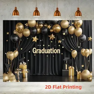 1-pack 2D flat polyester black gold graduation background fabric, high-end black gold balloon star printing, suitable for graduation party decoration, graduation ceremony photography background, graduation theme event decoration, polyester material is dur