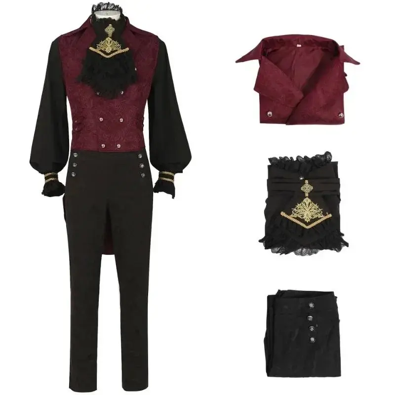 Men's Gothic Polyester Full-Length Costume Set - Tailcoat, Black Shirt for Medieval Gentleman, Steampunk Halloween Vampire Cosplay | Menswear Clothes