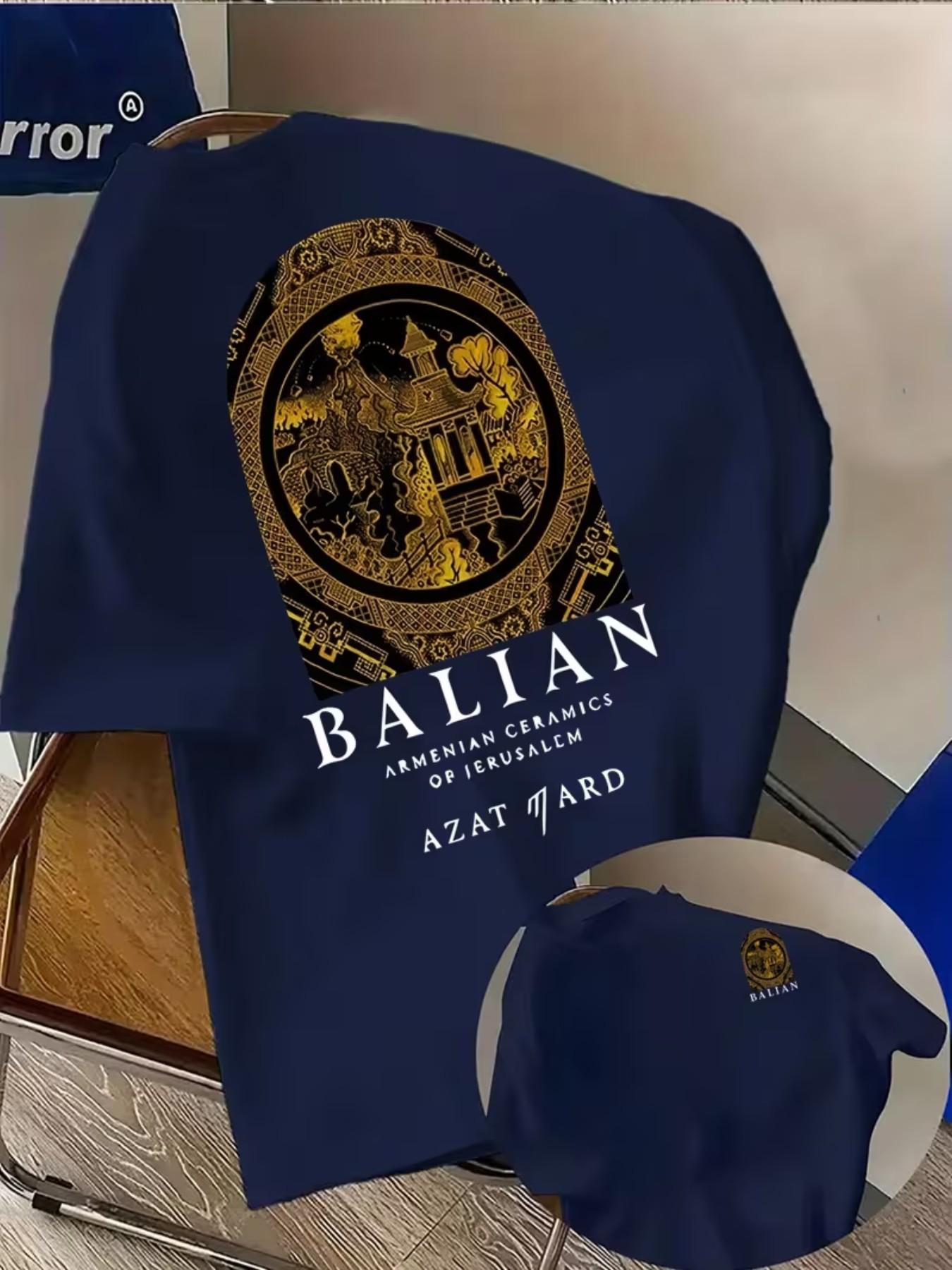 Men's Fashion T-Shirt with Creative Armenian Ceramics Print, Geometric Pattern, Loose-Fit, Casual Summer Top, All Seasons