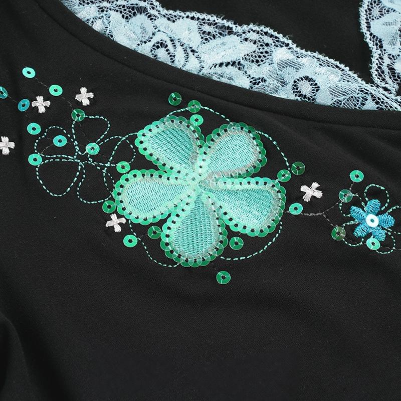 Holiday Style Floral Embroidery Sequin Top, Slim Fit Lace V Neck Short Sleeve Summer T-Shirt, Fashion Drawstring Design, Casual Daily Wear, Trendy Summer Tee
