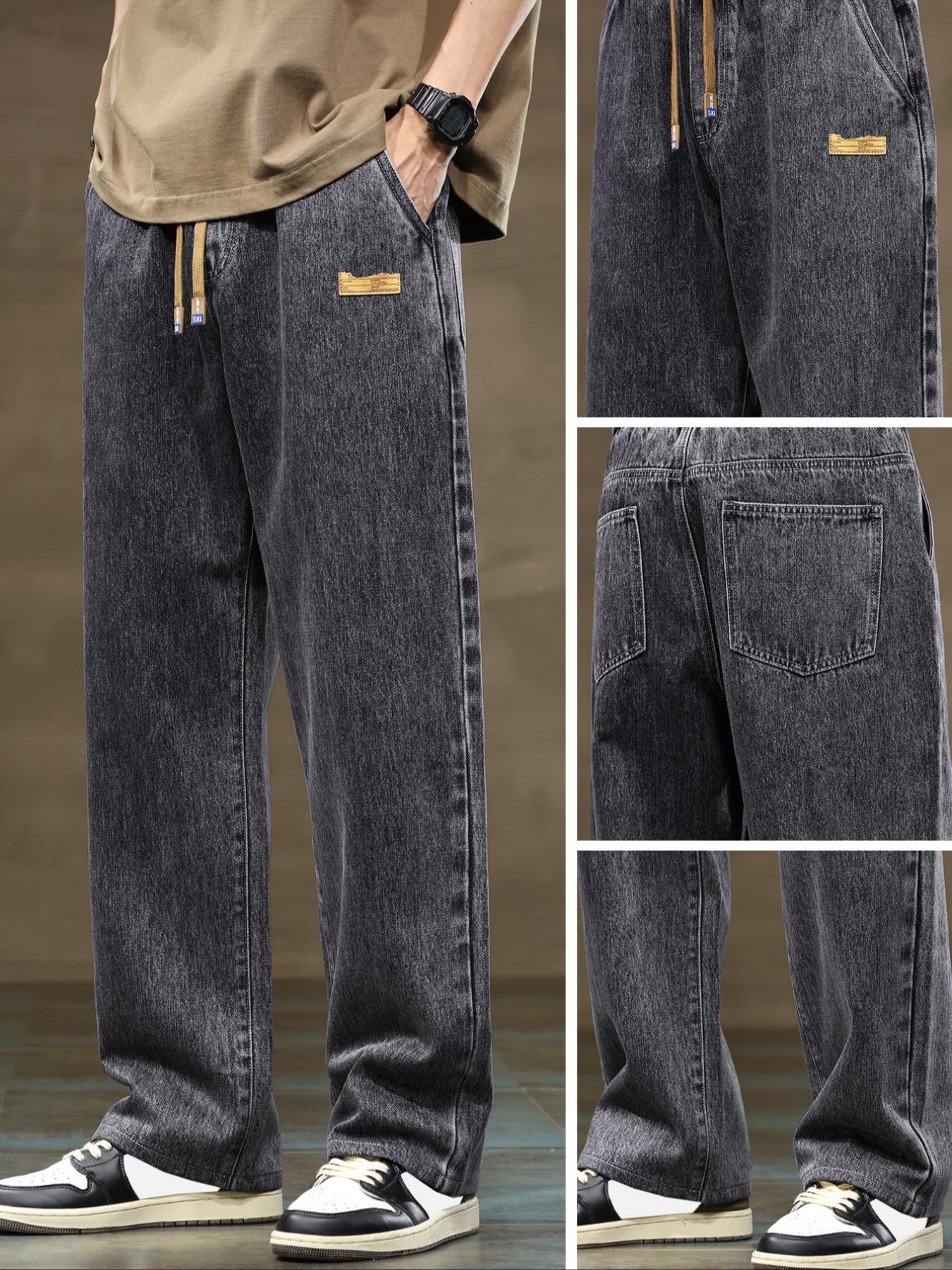 Men's drawstring elastic waist straight leg jeans, solid color casual versatile non stretch denim pants, fit straight leg version, suitable for all seasons