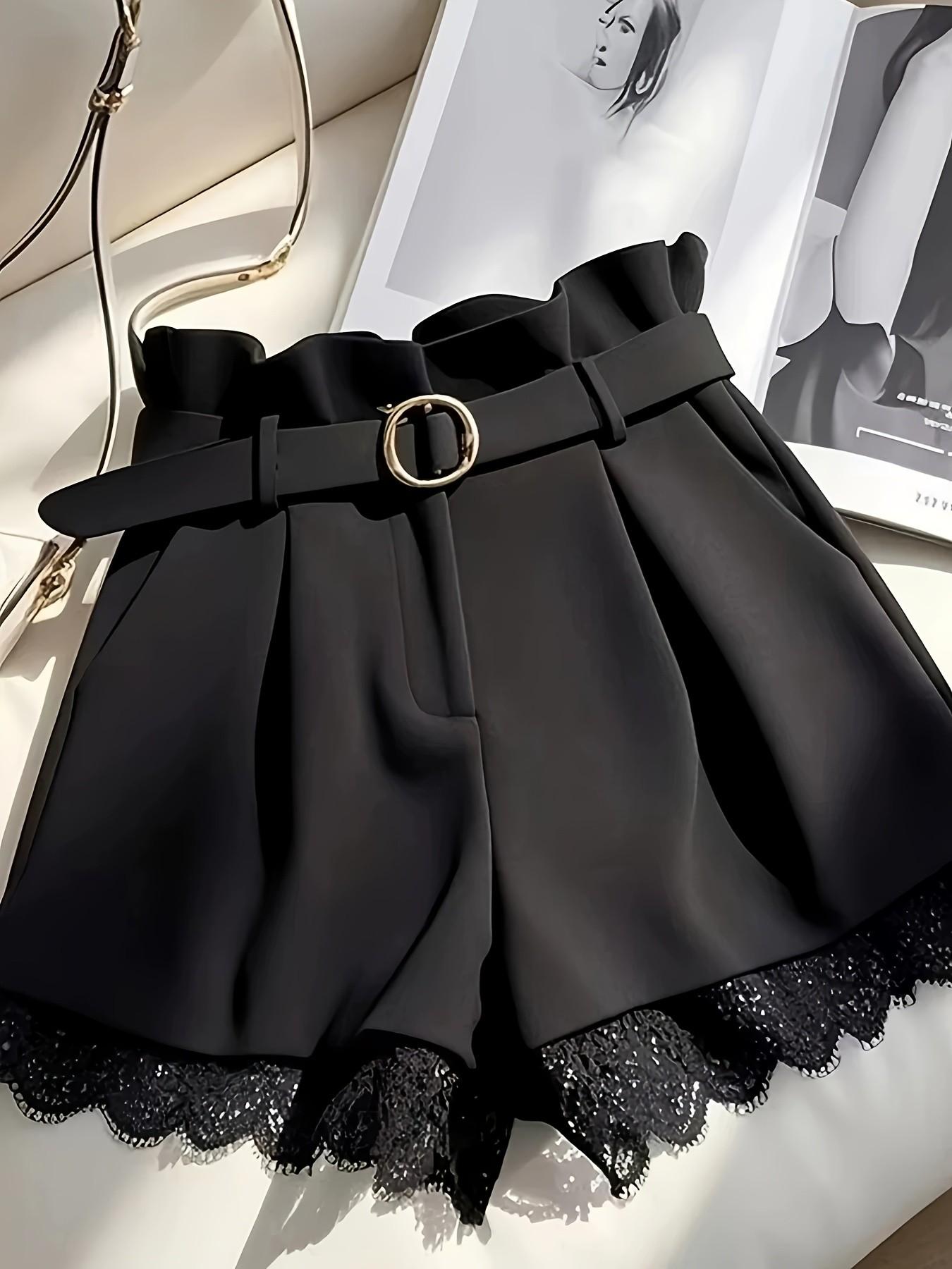 Elegant Patchwork Contrast Lace Shorts, Casual Style Fitted Natural Waist Pants, Button Fly Closure, Includes Belt, Women's Fashion
