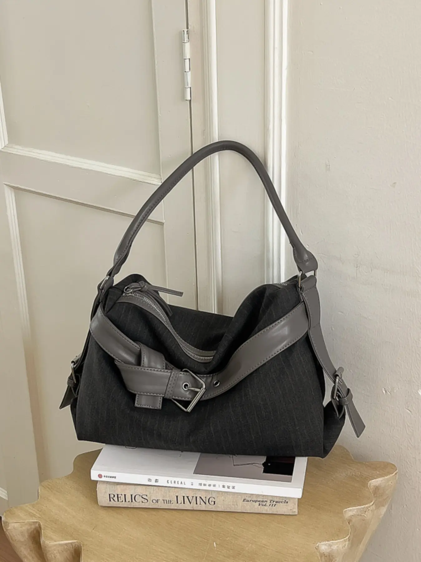 Denim Tote Bag with Leather Strap and Metal Buckle, Adjustable Crossbody Strap, Zip Top, Soft and Spacious, Casual Style for Daily Use