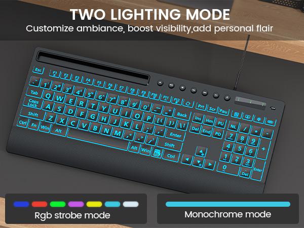 SABLUTE KC782 Large Print Backlit Keyboard, USB Wired Computer Keyboard with Backlight Memory Function, Wrist Palm, 7-Color Lighted Office Home Keyboards,Light Up Keyboard for Windows Desktop, Laptop, PC,back to school,back to school haul