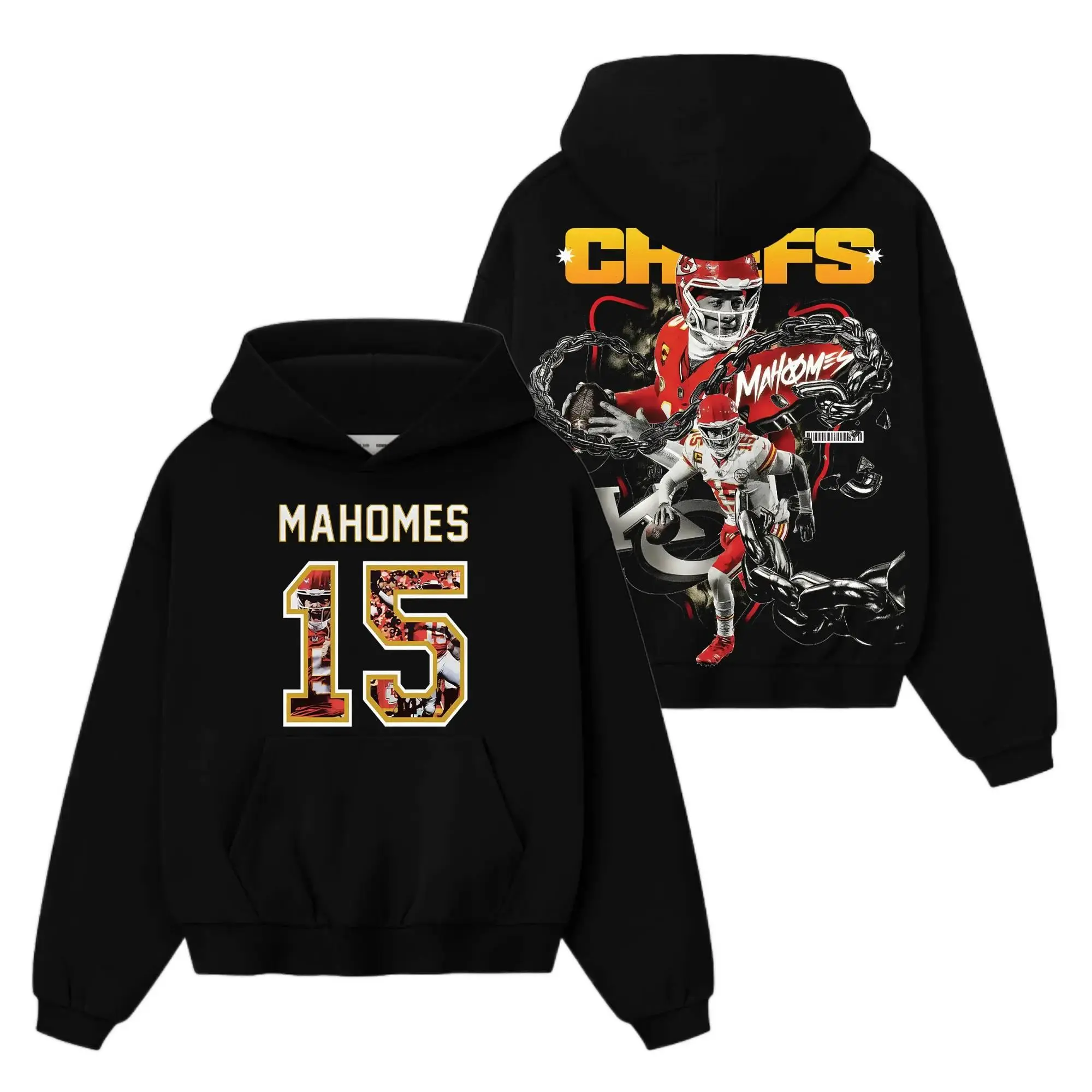 [Sale Up To 50%] Unisex Patrick Magic Mahomes 15 Chiefs Kingdom Outfit Cotton Hoodie Sweatshirt T-Shirt (Made In US), Showtime Mahomes Fans Outfit, Chiefs Kingdom Game Day Outfits, Gift For Football Fans, Football Graphic Hoodie