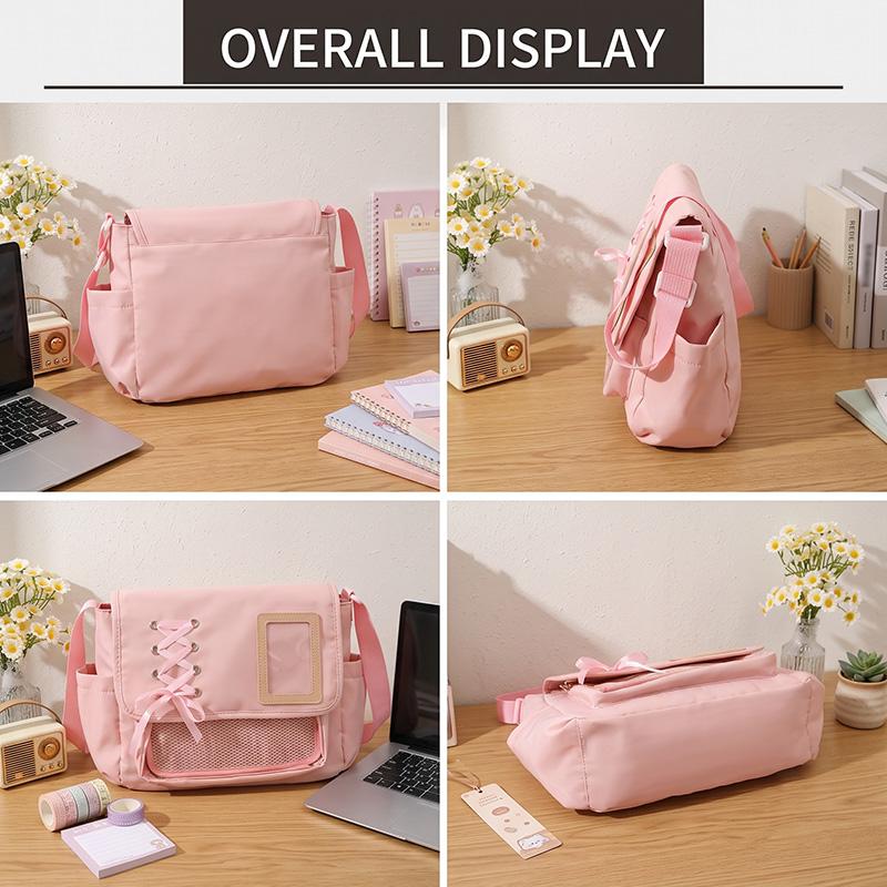 Women's Japanese School Style Canvas Shoulder Bag - Cartoon Theme, Zip Closure, Crossbody Strap, Ample Space for Casual Wear, Versatile Bookbag